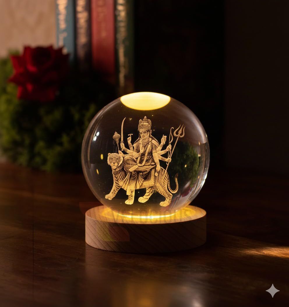 3D Durga Crystal Ball LED Night Lamp with Wooden Base Home Decor, Puja Room Night Lamp