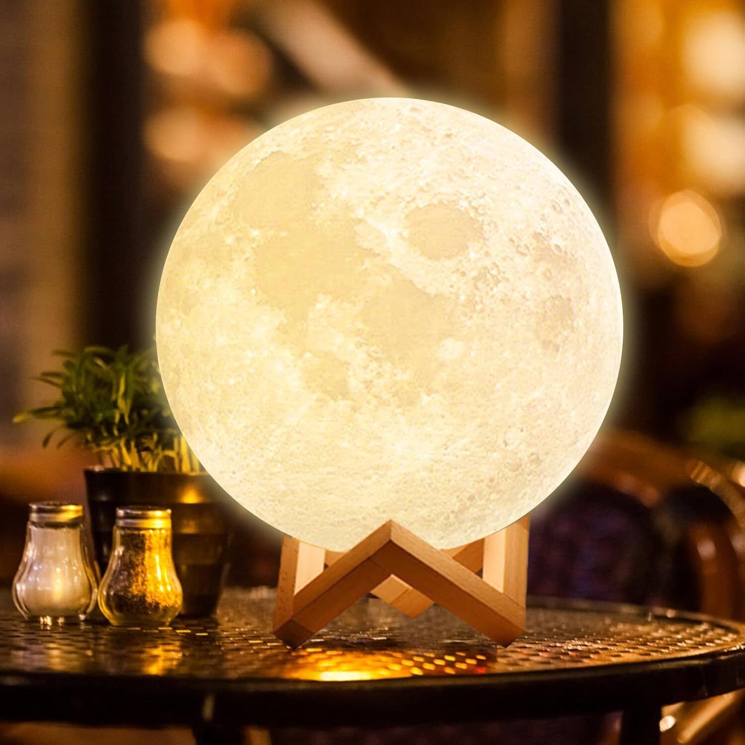 3D Moon Touch Sensor with Wooden Stand Bedroom Decoration Light (Pack of 1) Night Lamp-image-0