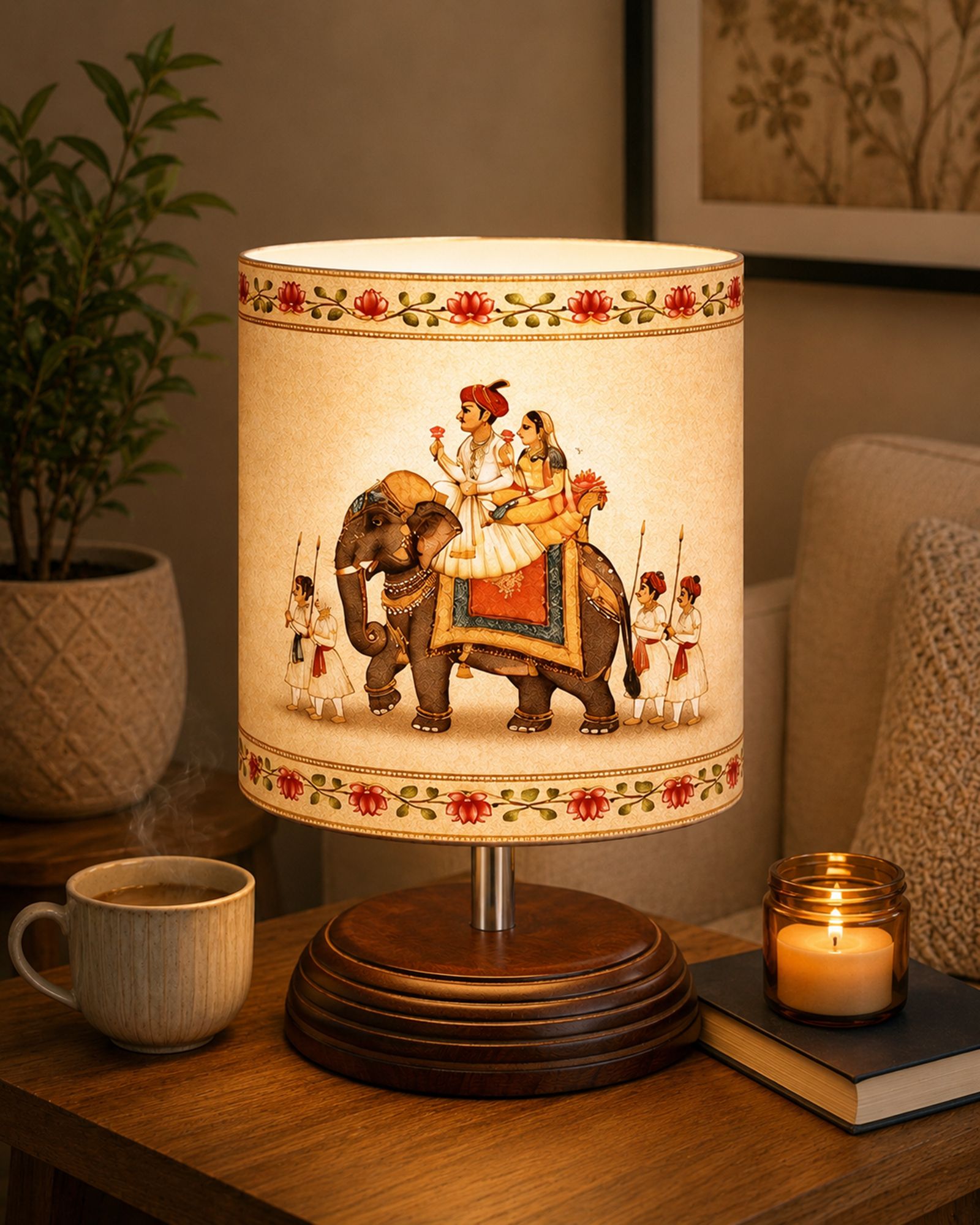Pebble Wood Lamp with Indian Rajasthani Art Shade, Bedside & Study, E27 Holder Table Lamp-image-27