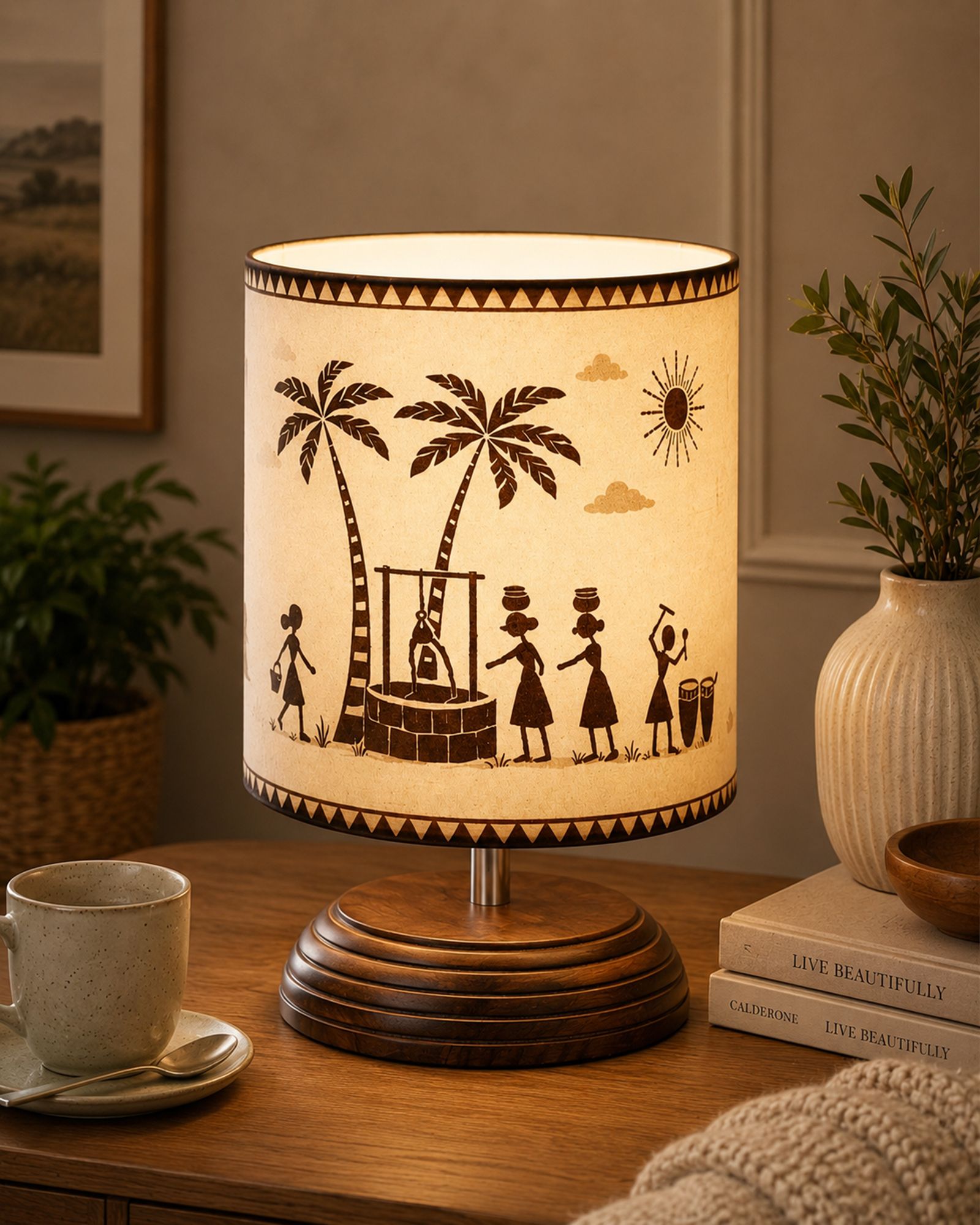 glowhere Wood Lamp with Indian Warli Art Linen Shade, Bedside & Study, E27 Holder Table Lamp-picture-47