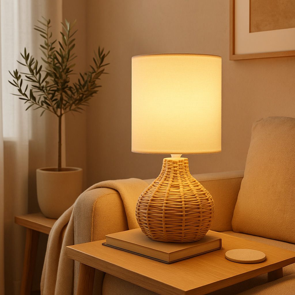 Raffia Rattan Table Lamp with Linen Fabric,Bedside Lamp for Living Room,Spinning Table Lamp-image-6