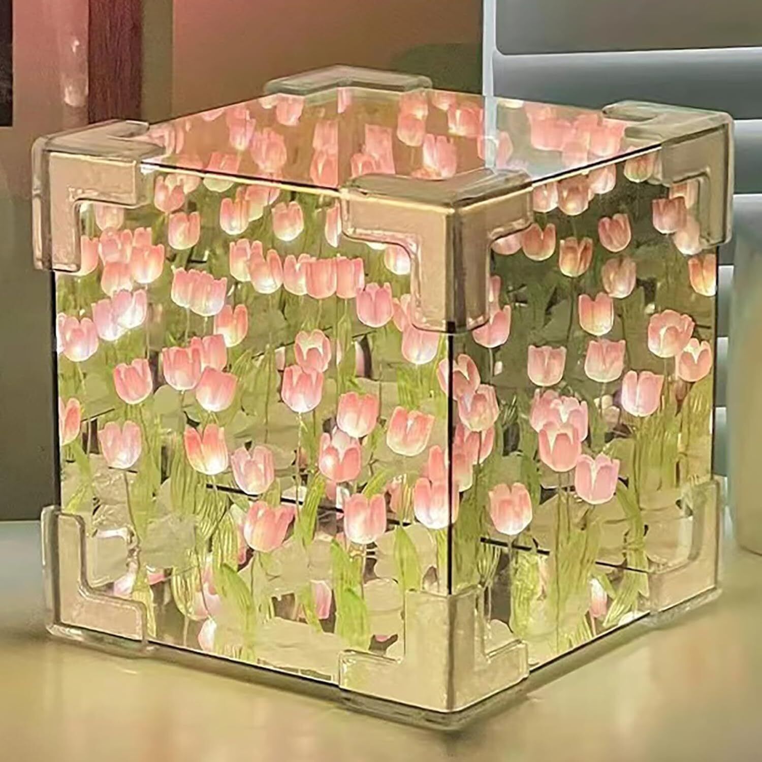 Handmade DIY Tulip Cube Mirror Light, Tulip Flower Table Lamp Night Lamp-image-13