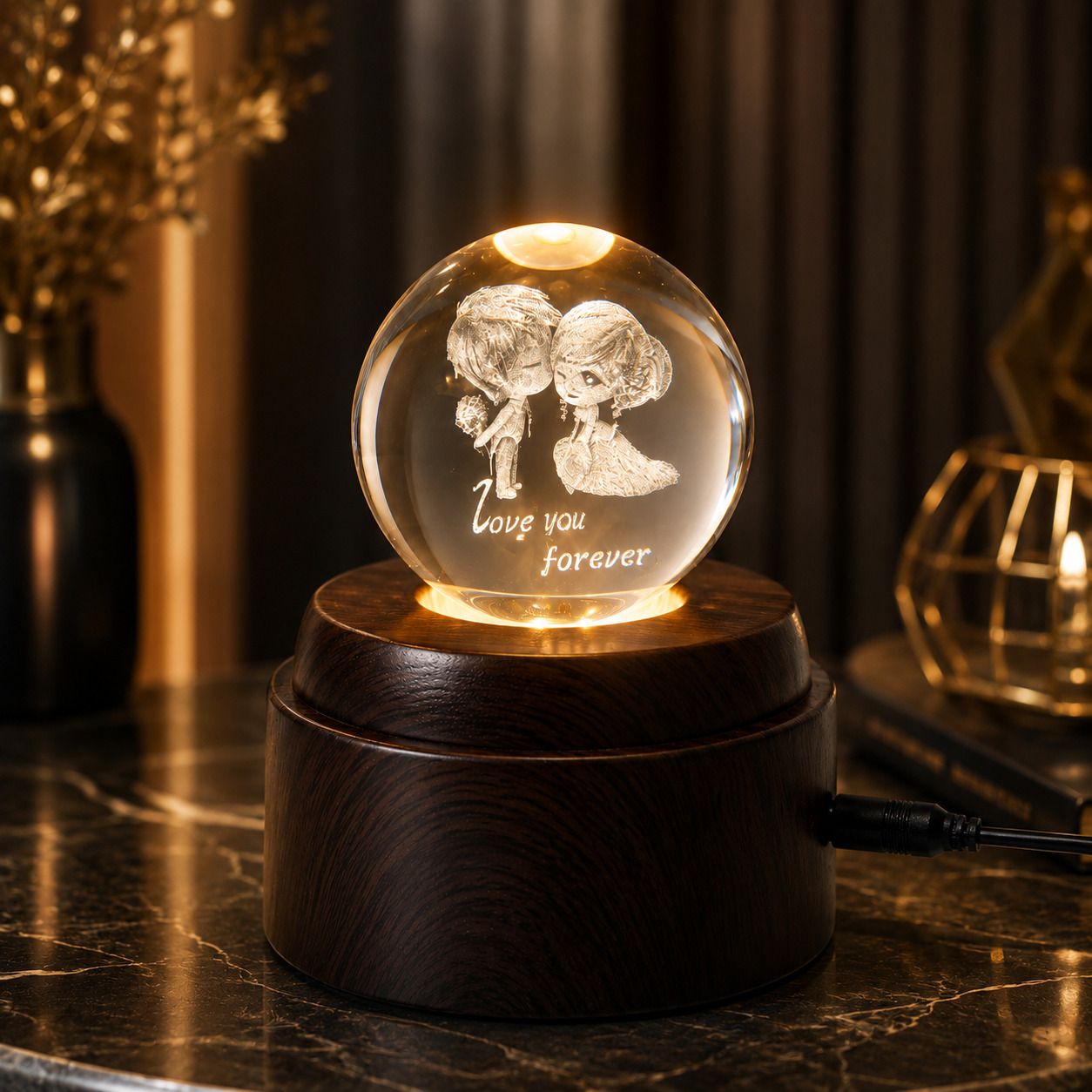 jamboree 360° Rotating Crystal Ball Night Light LED Lamp Wooden Base Romantic Gift Table Lamp-picture-6