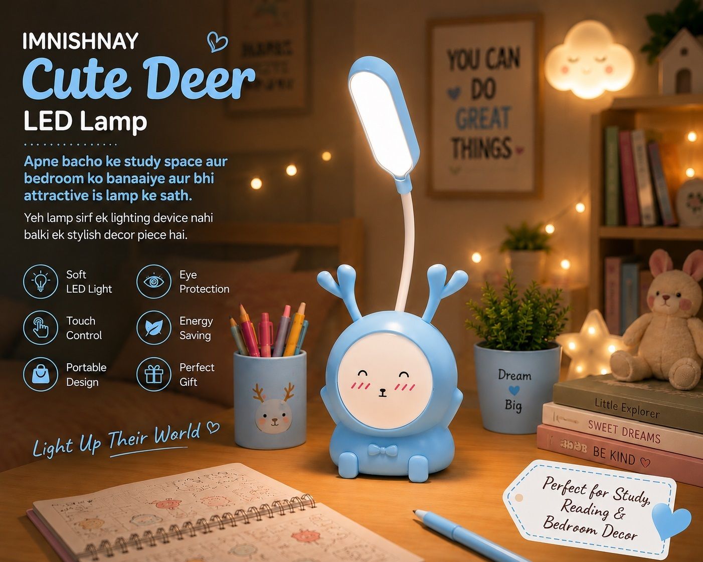 imnishnay Light Blue Deer Desk Lamp – Energy Saving LED Night Lamp Table Lamp-picture-42