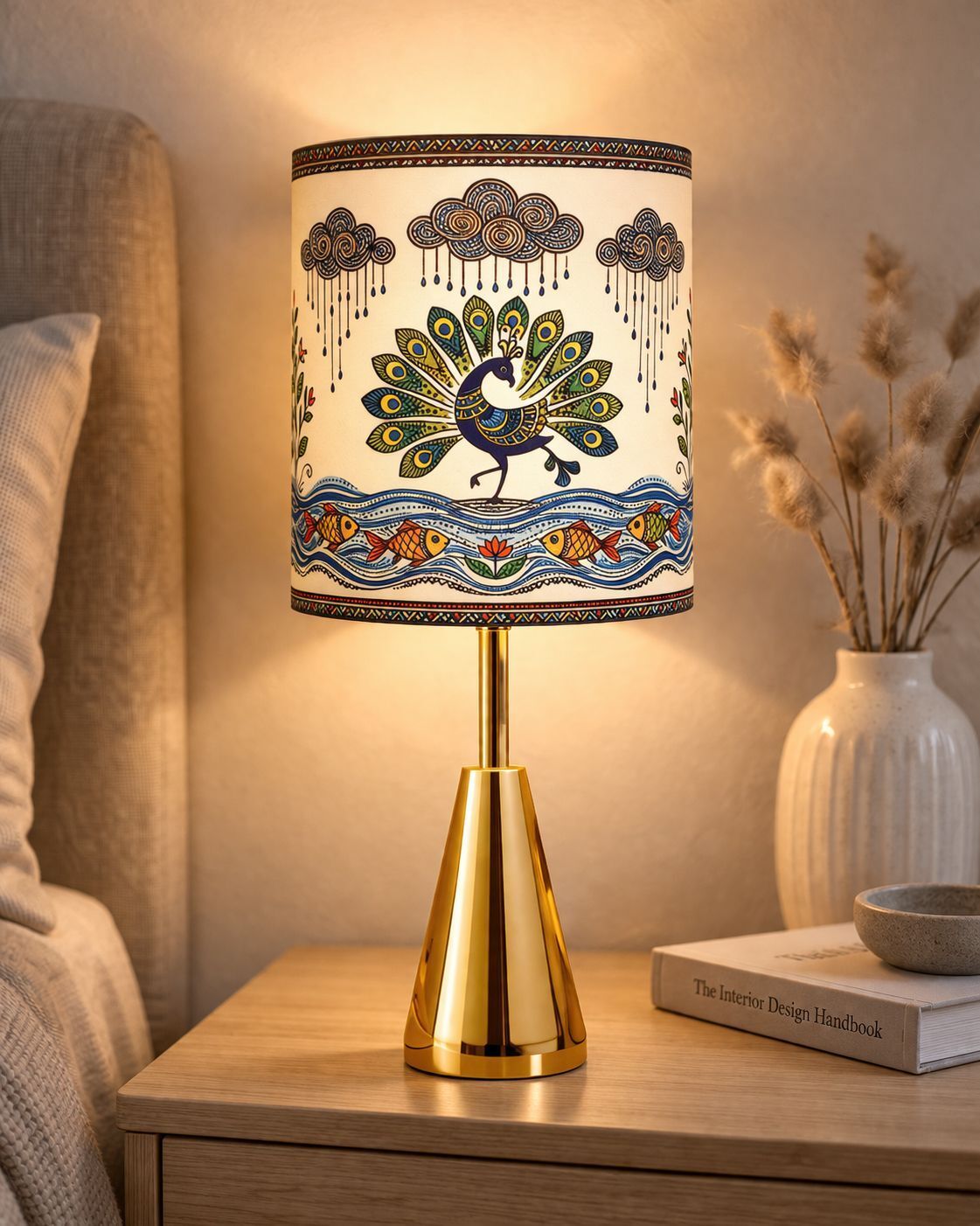 glowhere Luxe Gold Cone Lamp, Madhubani Art Shade, E27 Bedside & Study lamp Table Lamp-picture-33