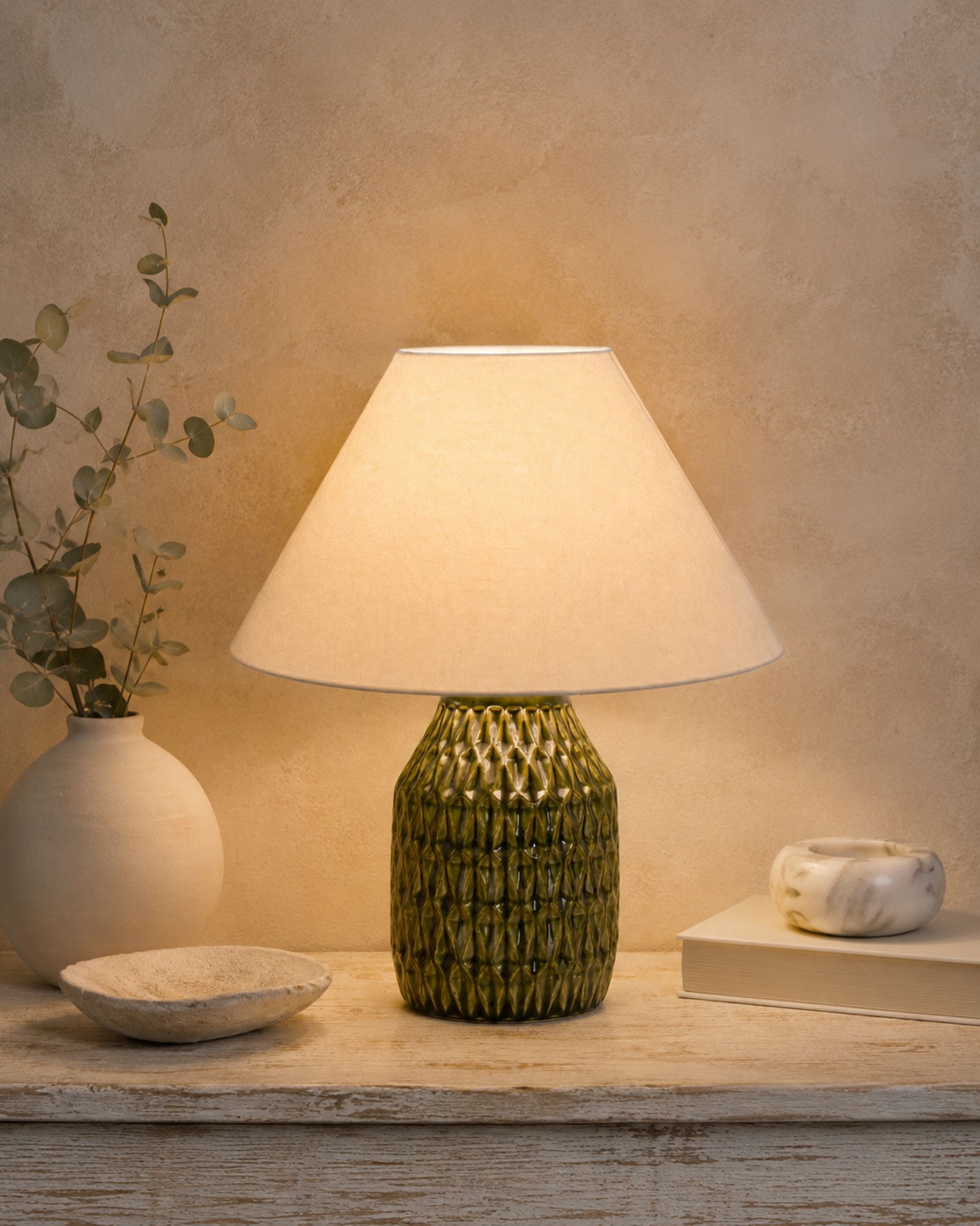 Artisan Green Ceramic Lamp with Fabric Shade For Bedside, Study Table Lamp-image-14