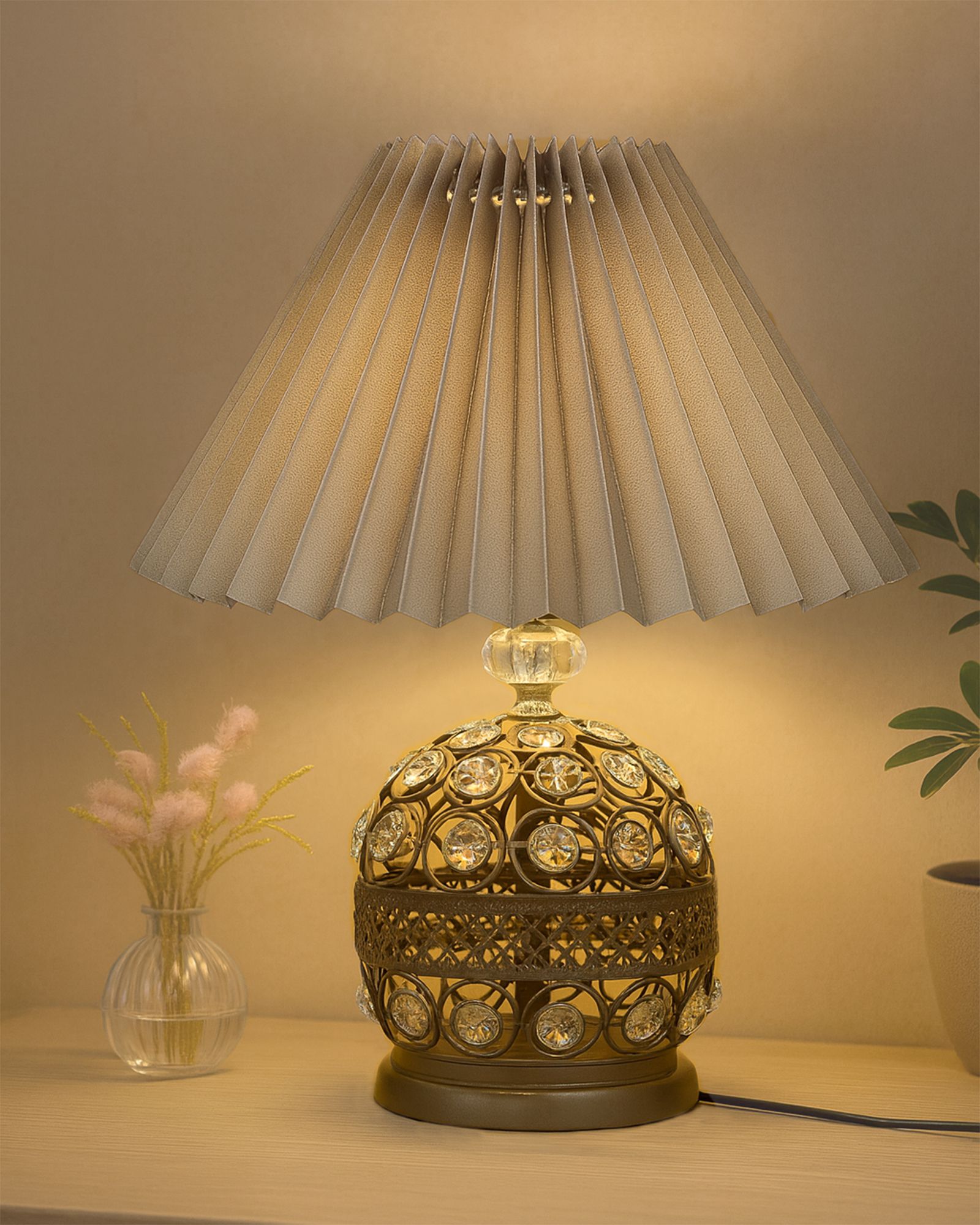 Crystal Table Lamp, Grey Pleated Shade, Perfect for Bedroom & Living Room Table Lamp-image-41