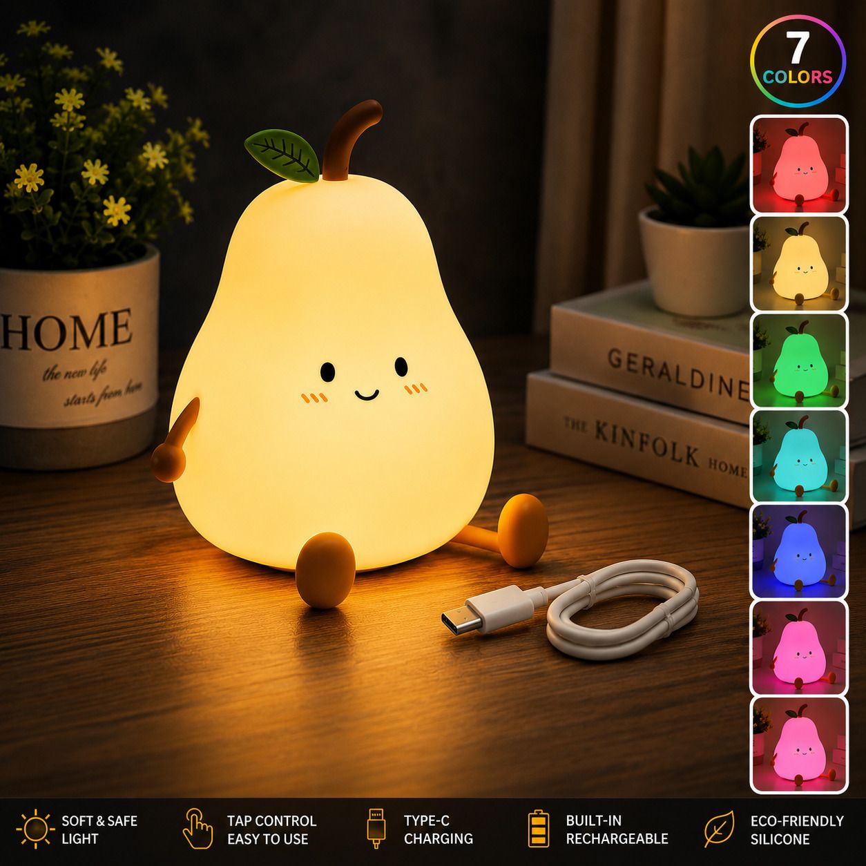 zenovolt Rechargeable Pear LED Night Lamp for Kids Bedroom | Soft Silicone Touch Light Table Lamp-picture-22