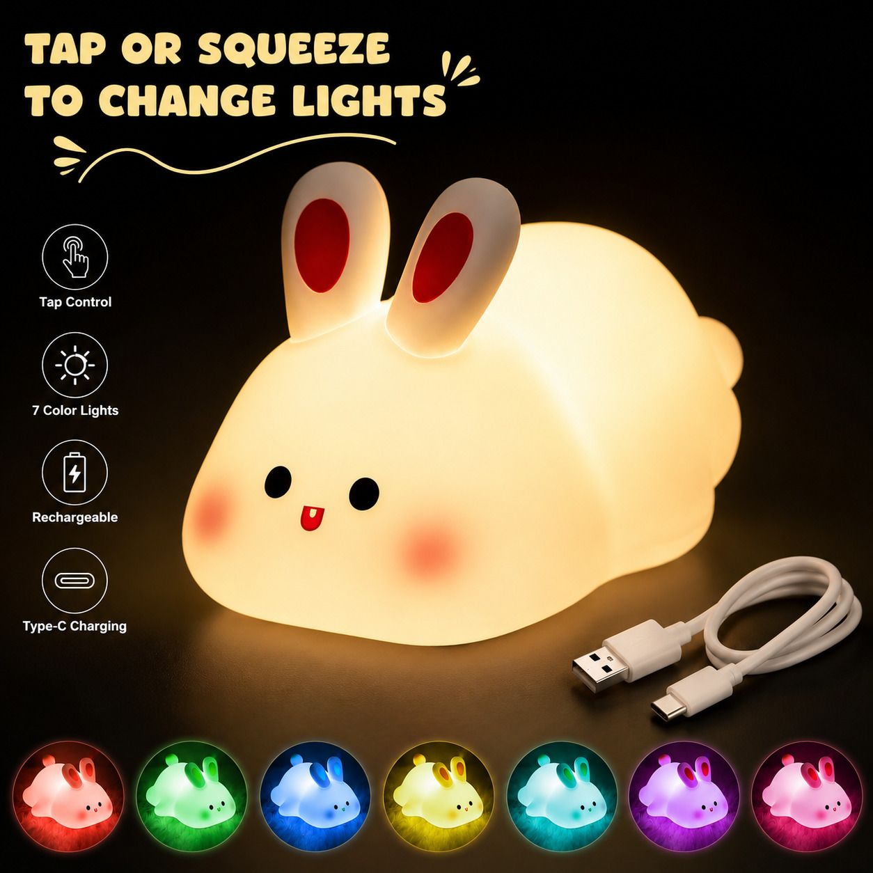 Rechargeable Rabbit Night Lamp for Baby Room, 7 Color Changing LED Sleep Light Table Lamp-image-49