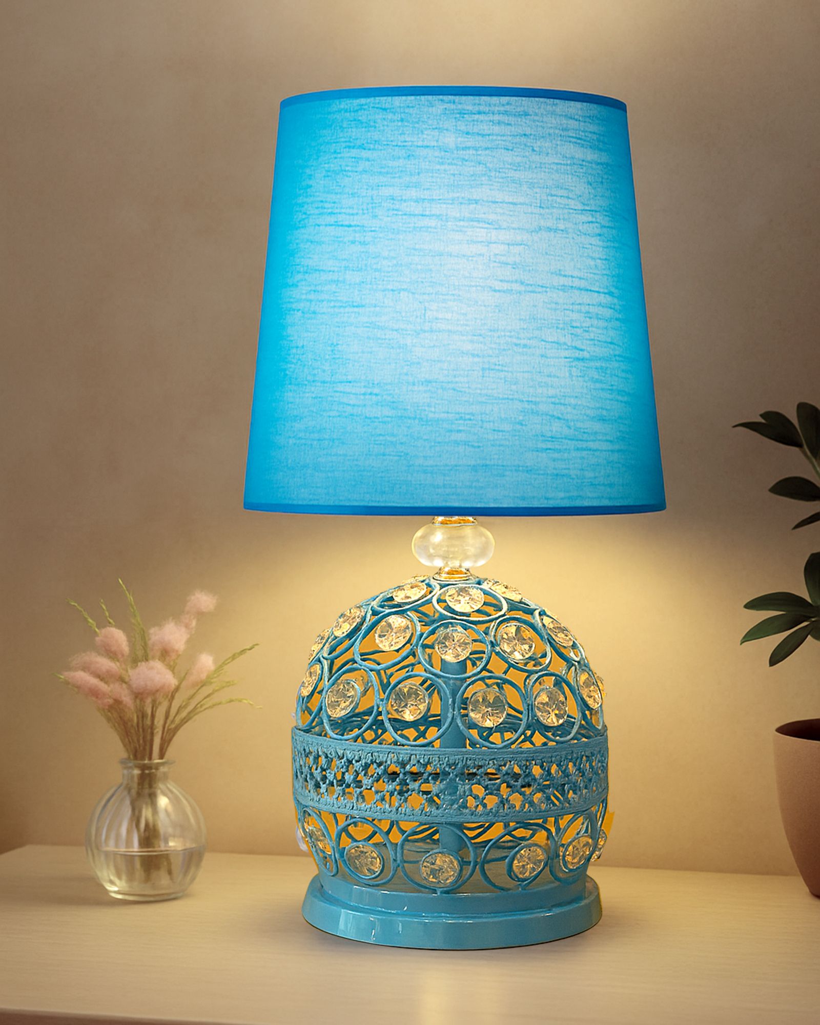 glowhere Modern Crystal Table Lamp, Turquoise Fabric Shade for Bedroom & Living Room Table Lamp-picture-23
