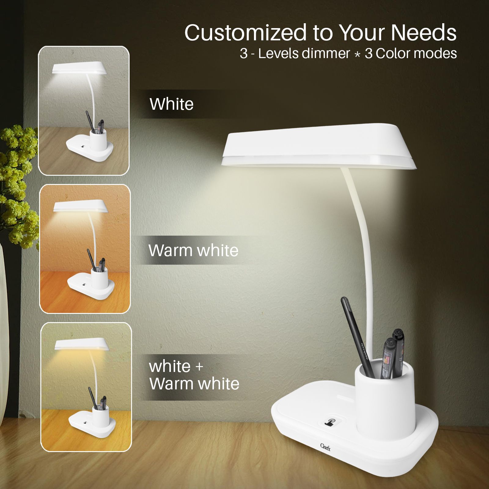 Rechargeable 3 Dimmable Lights, 360-Degree Rotating Neck 12 Hour Study Lamp