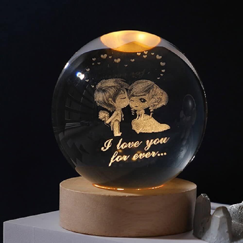 Lovers Crystal Ball Night Light for Kids with USB Powered 2.4 Inch Wooden Base Night Lamp