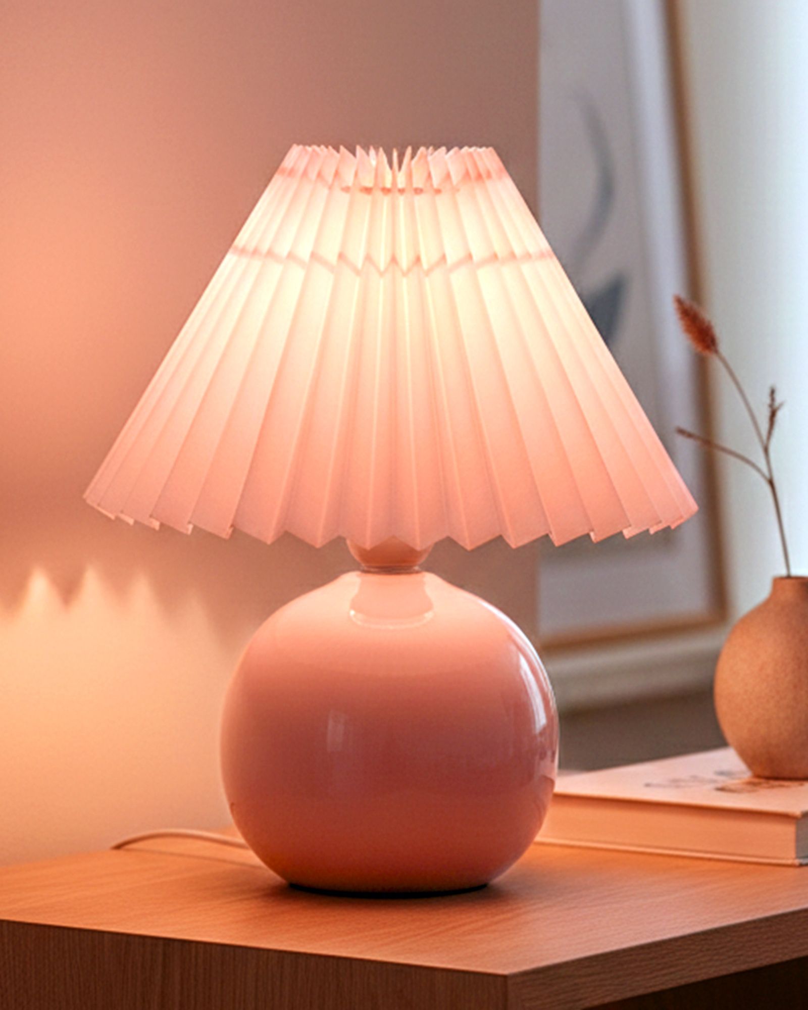 homesake Glossy Ceramic Table Lamp with Pink Pleated Shade for Bedroom Decor Night Lamp-picture-8