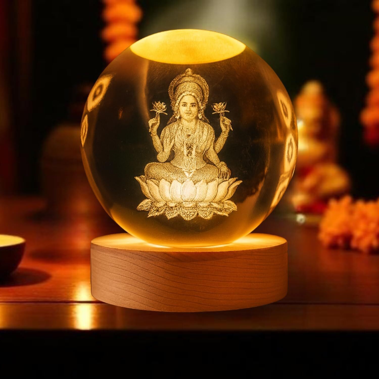 geeta seven 3D Crystal Laxmi Ji LED Night Lamp with Wooden Base Table Lamp-picture-11