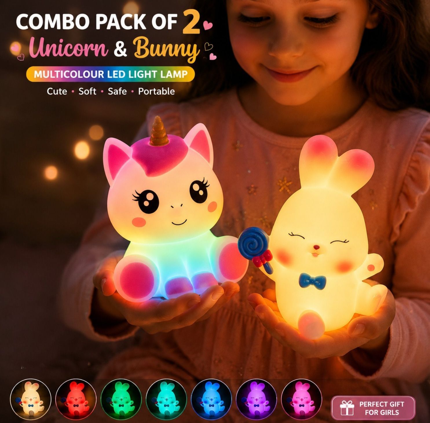 Multicolour | Cute Mini Night Lamp Combo(Pack of 2) – Unicorn & Rabbit LEDLight Night Lamp-image-48