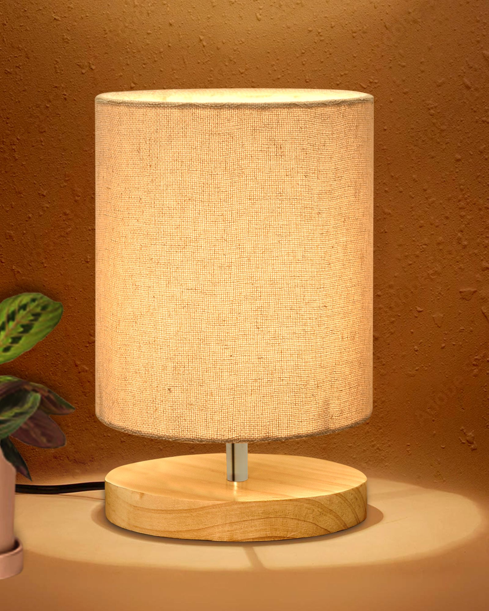 homesake Pine Wood Bedside Lamp, Linen Shade, Mini Nightstand Light, Jute Cylinder Table Lamp-picture-12