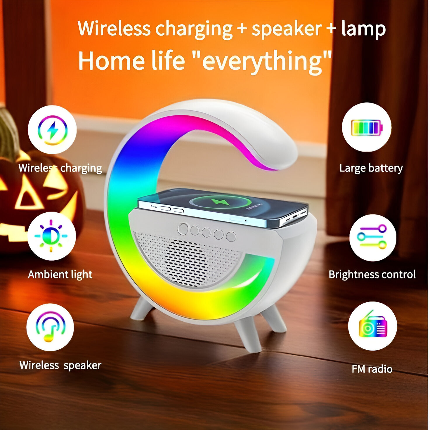 spaark and shine Wireless Charger 4 in 1 G Lamp with Bluetooth Speaker 15W Wireless Fast Charging Study Lamp image 1