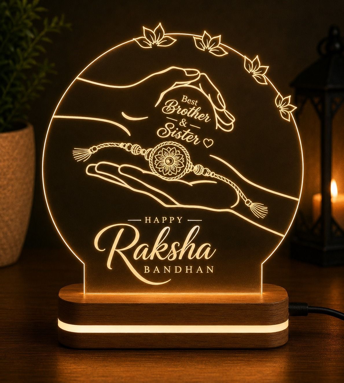 Happy Raksha Bandhan 3D Acrylic Night Lamp with Wooden Base Table Lamp-image-28