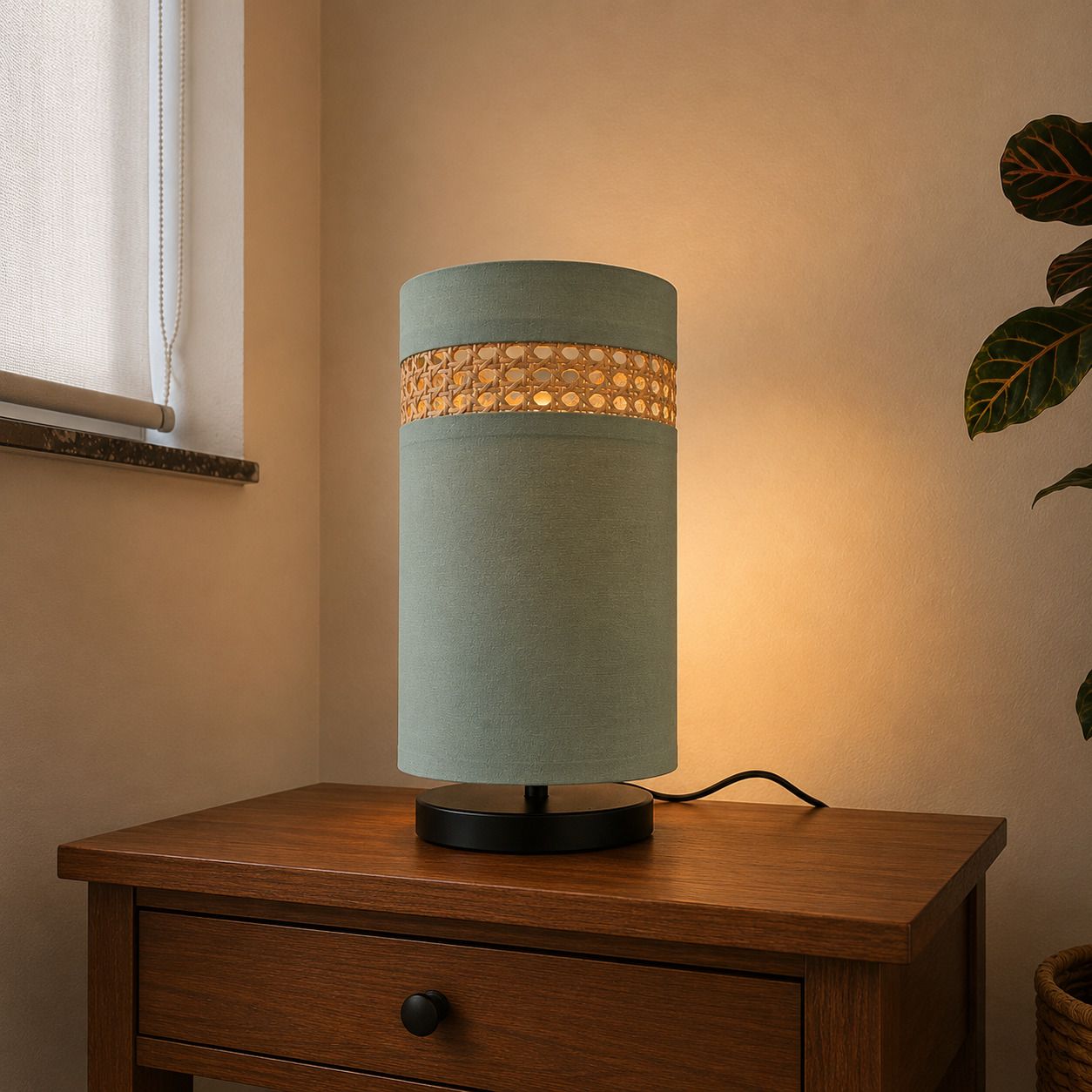 INNORE Sage Green Fabric Table Lamp with Rattan Cane Accent Band Table Lamp-image-31