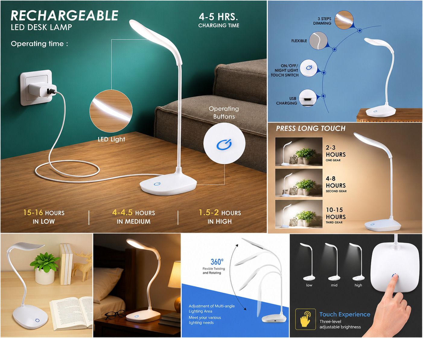 Rechargeable LED Study Lamp Touch Control 3 Brightness (30cm Multicolor) Study Lamp-image-46