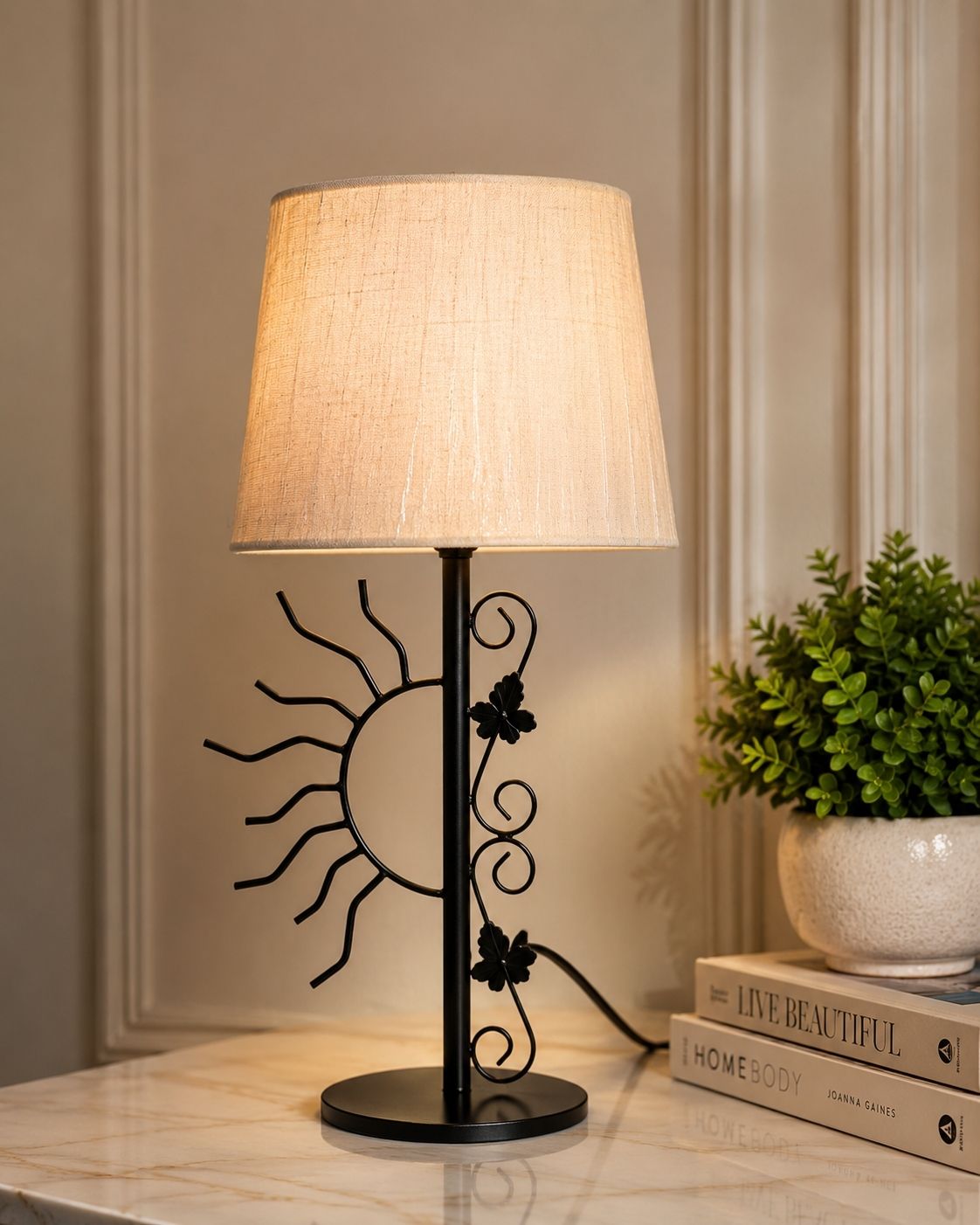 chauhan handicraft Chauhan Handicrafts Solflora Metal Table Lamp (Beige & Black) Table Lamp-picture-18