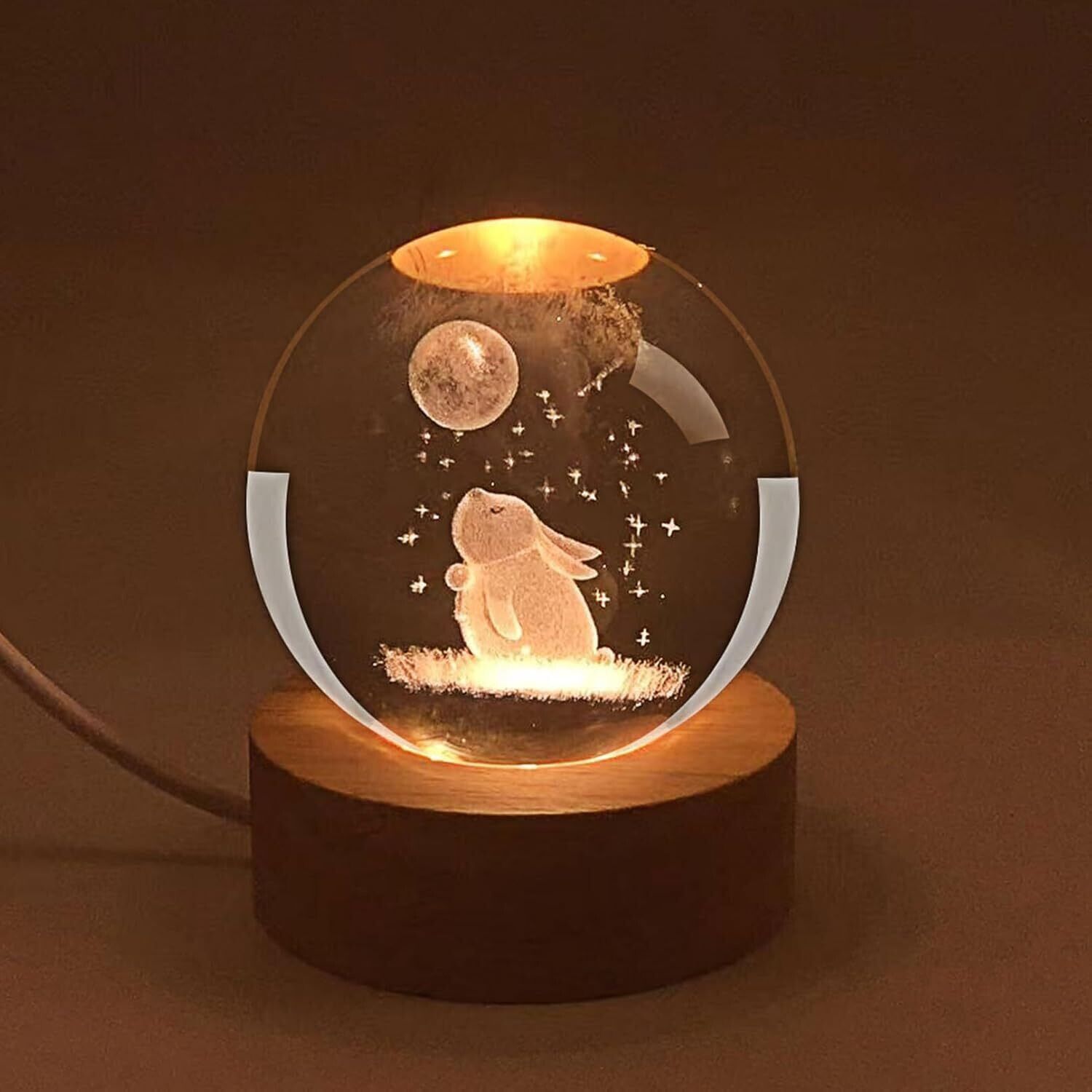 3D Moon Rabbit Crystal Ball 2.4" Galaxy Light With LED Wooden Base Night Lamp Night Lamp