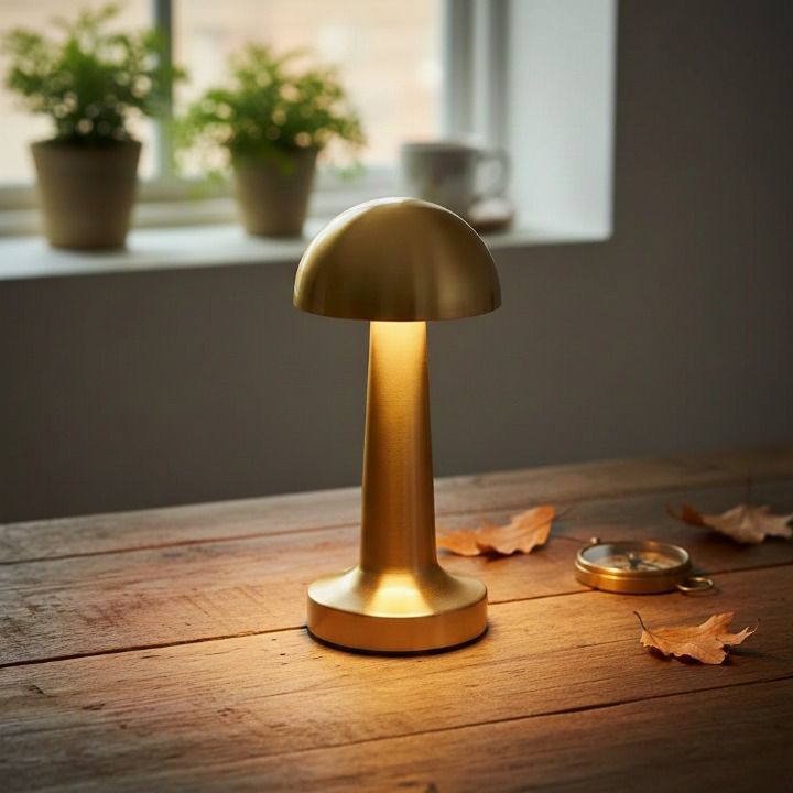 Golden Metal Rechargeable Mushroom Table Lamp for Bedroom, Home Decor & Lighting Table Lamp-image-10