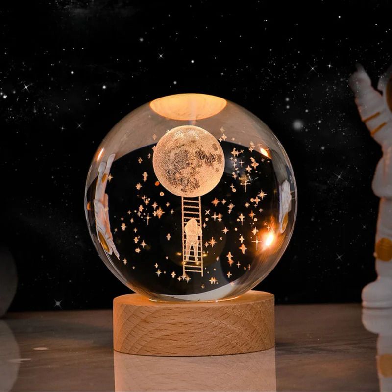 3D Moon Galaxy Crystal Ball Night Light,2.4 inch Glass with Wooden Base Table Lamp