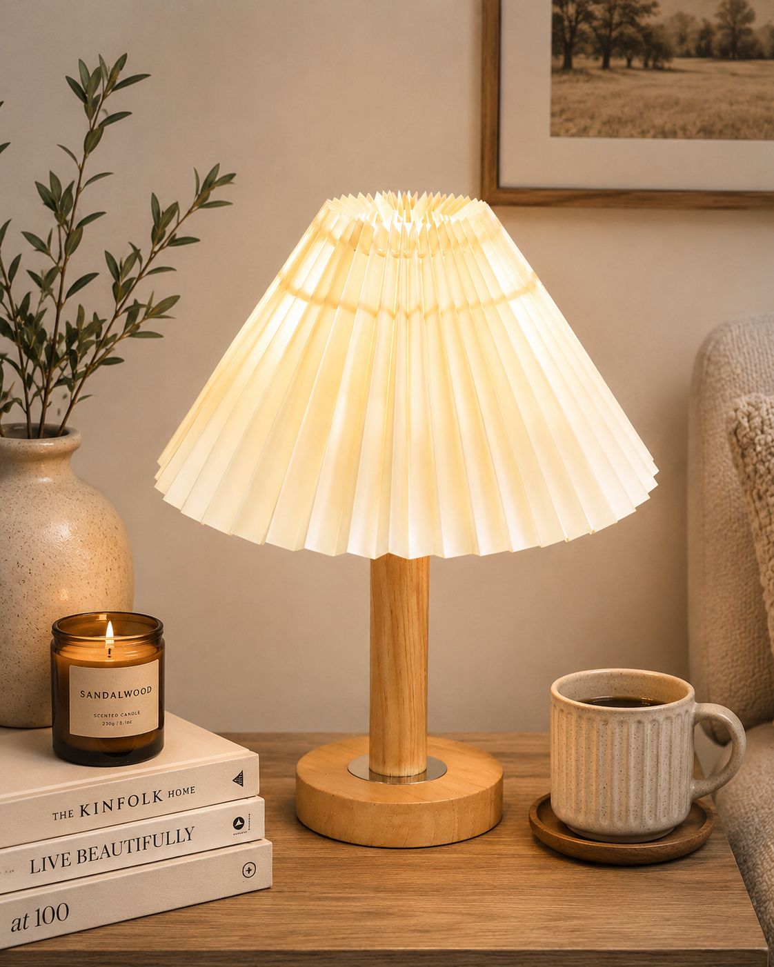 Pine Fold Wooden Table Lamp with Pleated Off-white Shade for Bedroom, Study Table Lamp-image-5