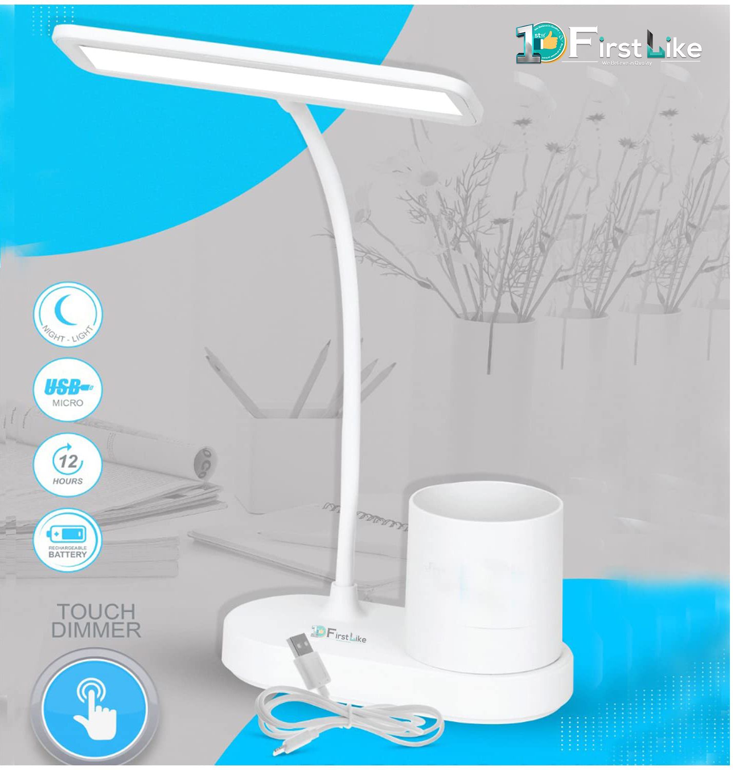firstlike Rechargeable Slim Led Pen Holder Light with 3 Color Modes Lamp with Eye Care Study Lamp-picture-6