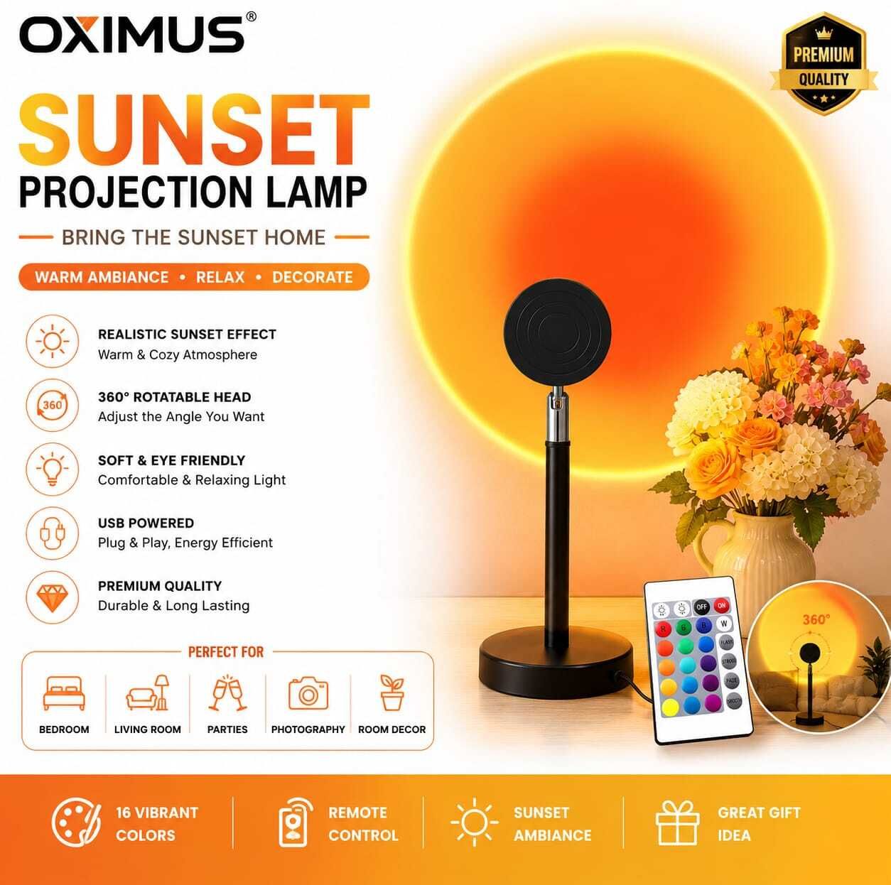 16-Color RGB Sunset Projection Lamp with Remote & Adjustable Head Night Lamp-image-9