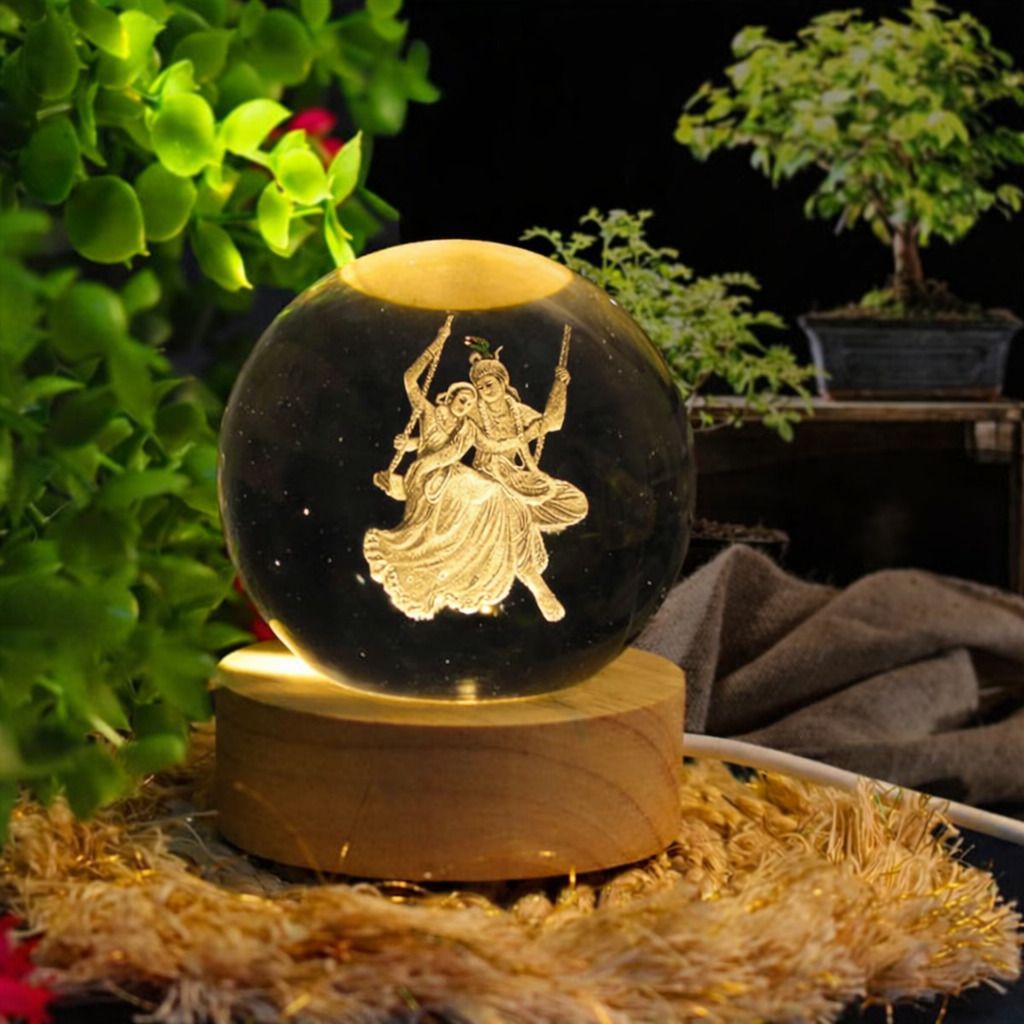 3D Radha Krishna Crystal Night Lamp with LED Wooden Basel Table Lamp-image-11
