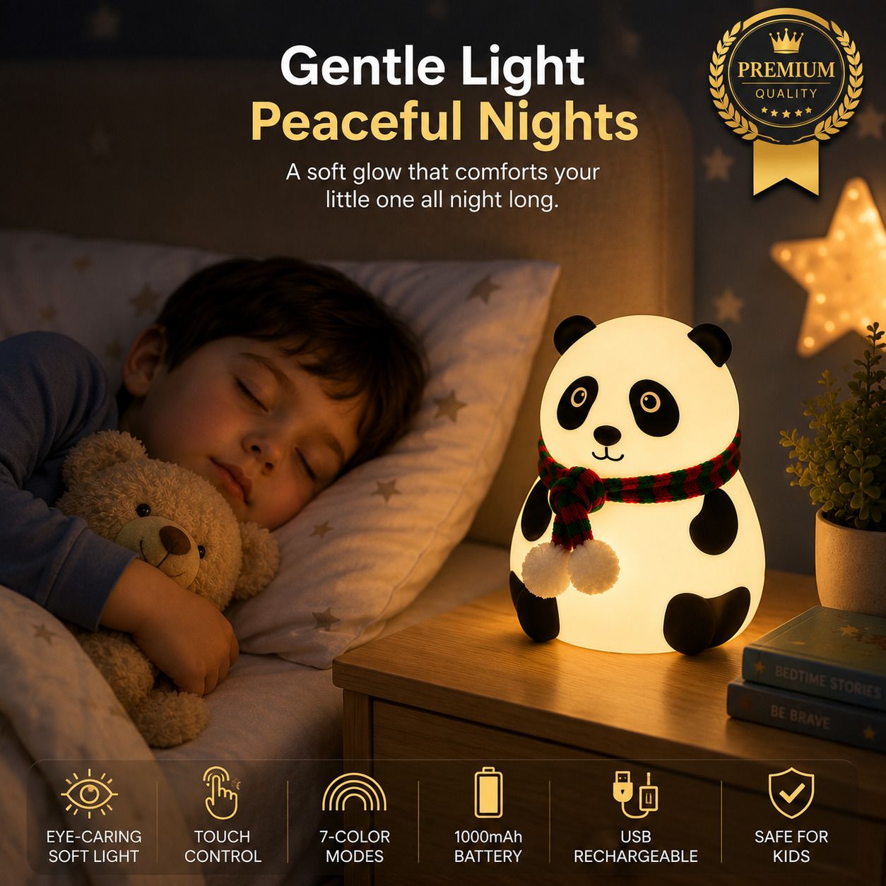 Panda Night Light Rechargeable 7 Color Touch LED Table Lamp for Kids Night Lamp-image-9