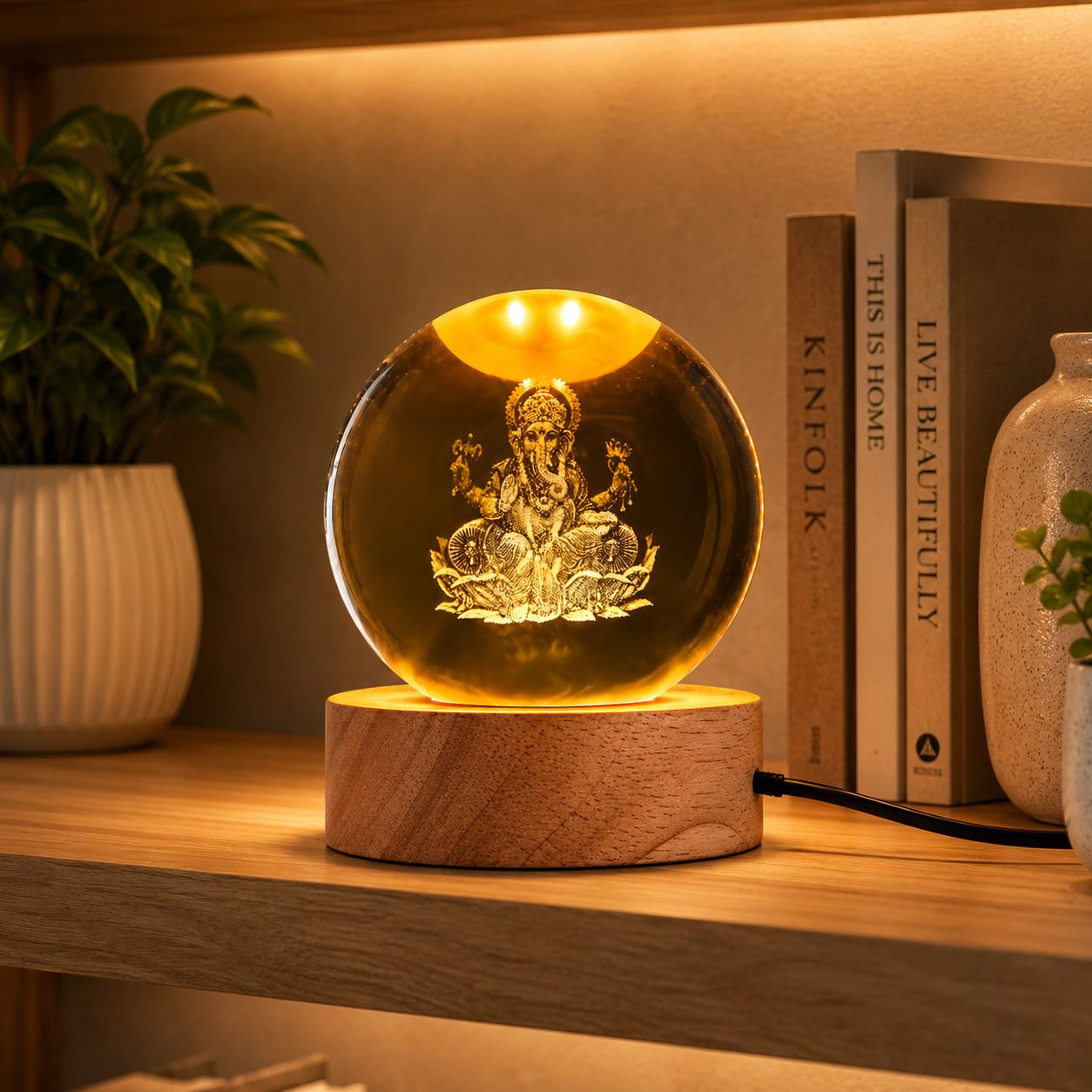 freshghar 3D Lord Ganesha Crystal Ball LED Night Lamp with Wooden Base Night Lamp-picture-22