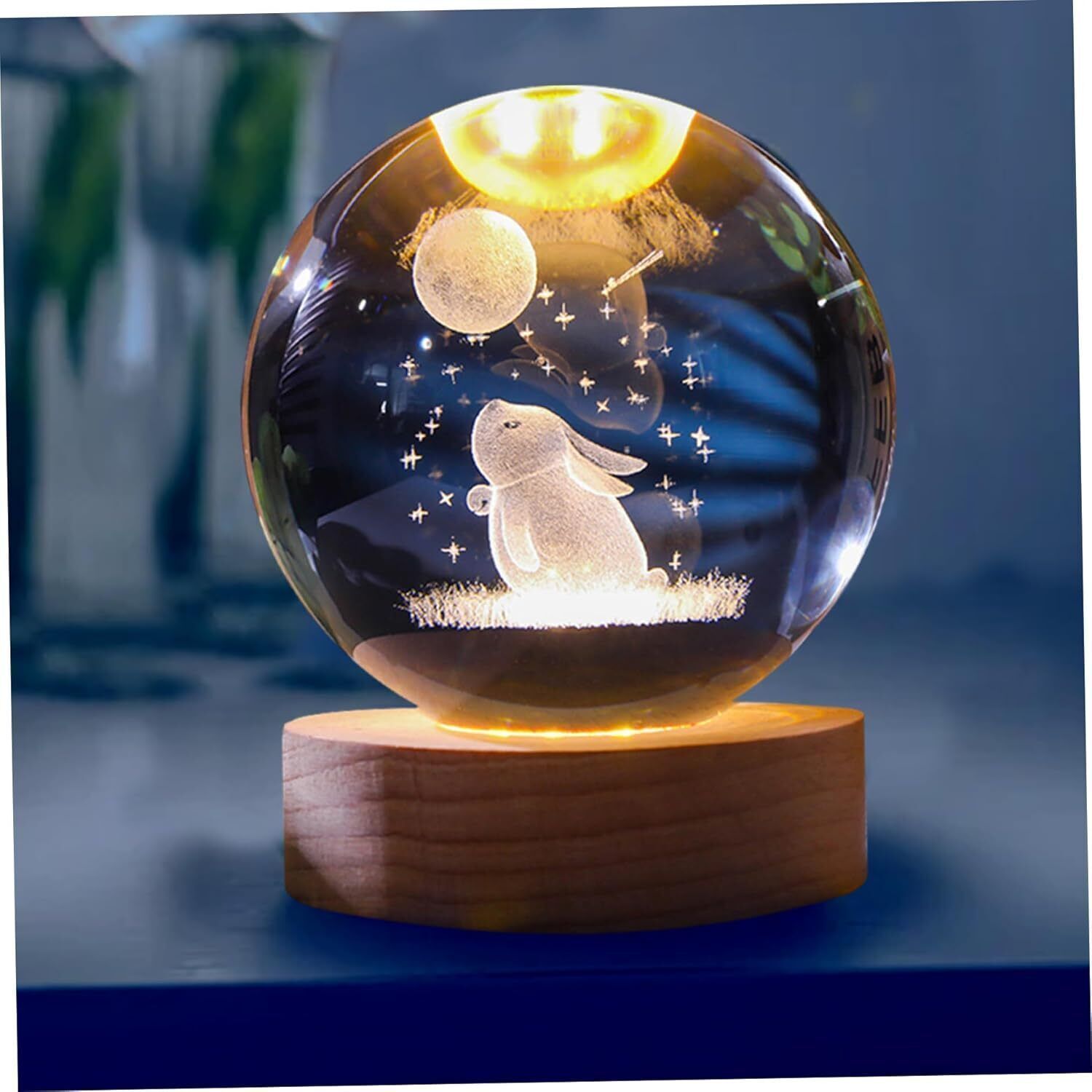 Crystal Ball Engraved Rabbit And Moon 2.4'' Glass Globe with Wooden Base Night Lamp-image-38