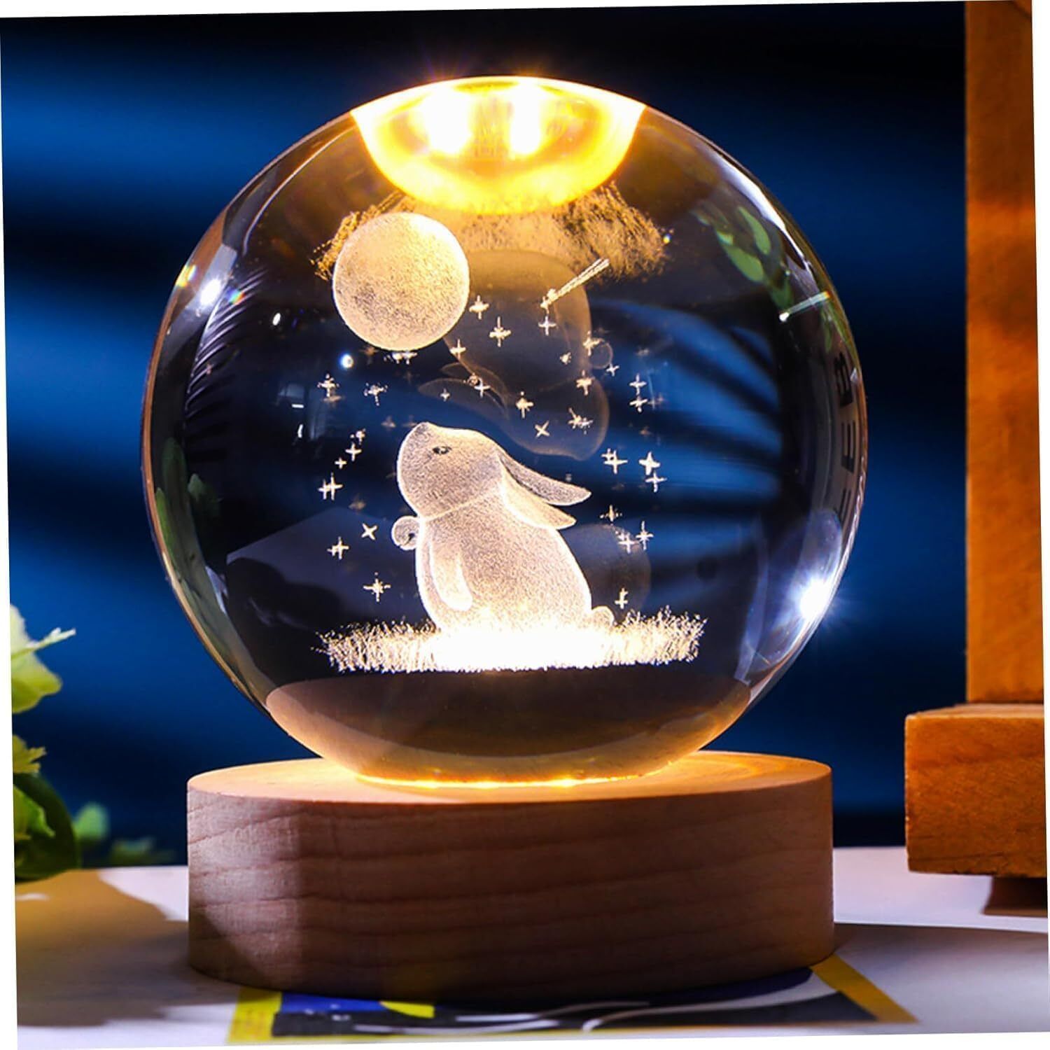 Rabbit Crystal Ball With LED Wooden Base for Birthday Gift Night Lamp-image-46
