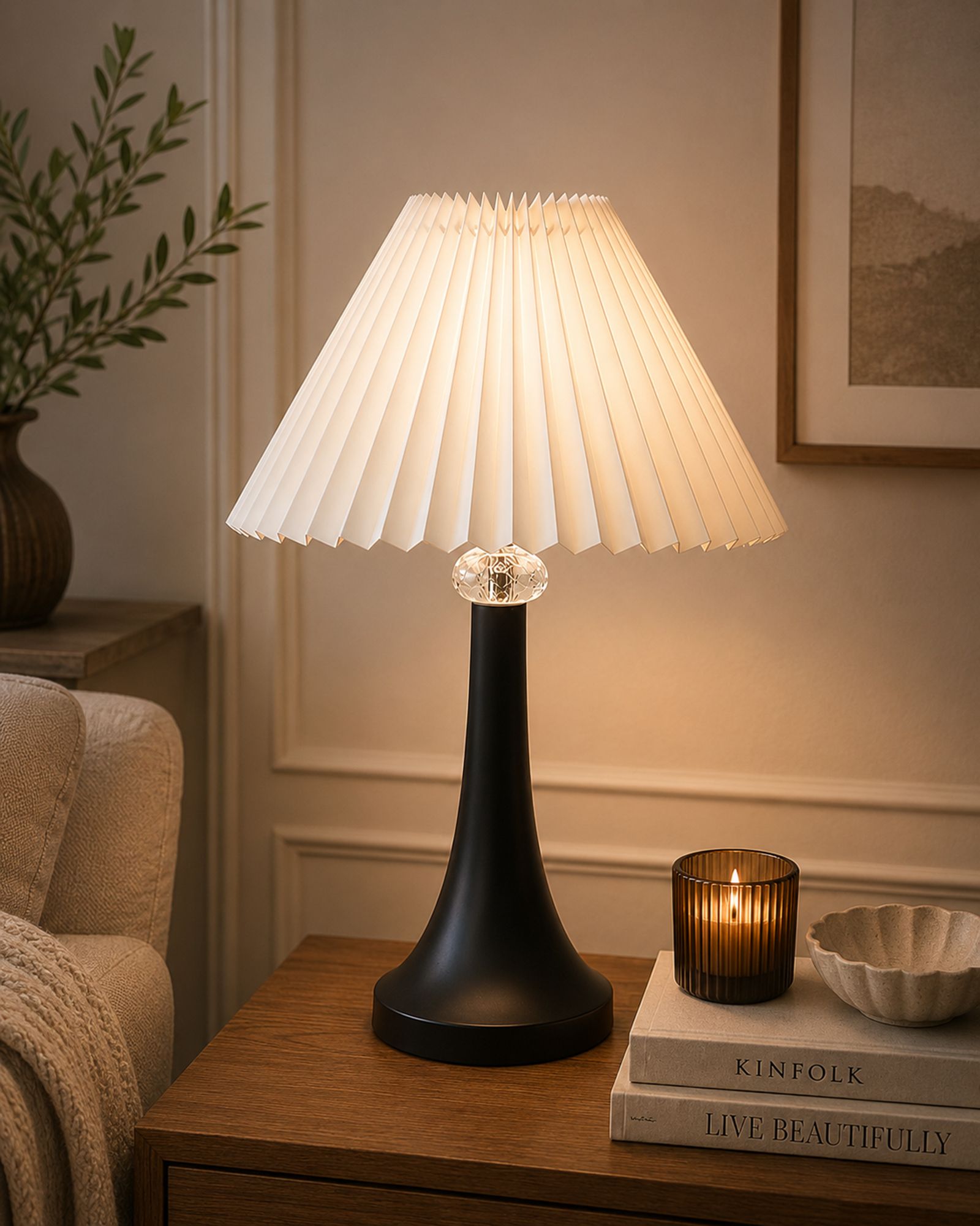 Farmhouse Matte Table Lamp, Pleated White Shade, E27 Bedside & Living Room Table Lamp-image-3