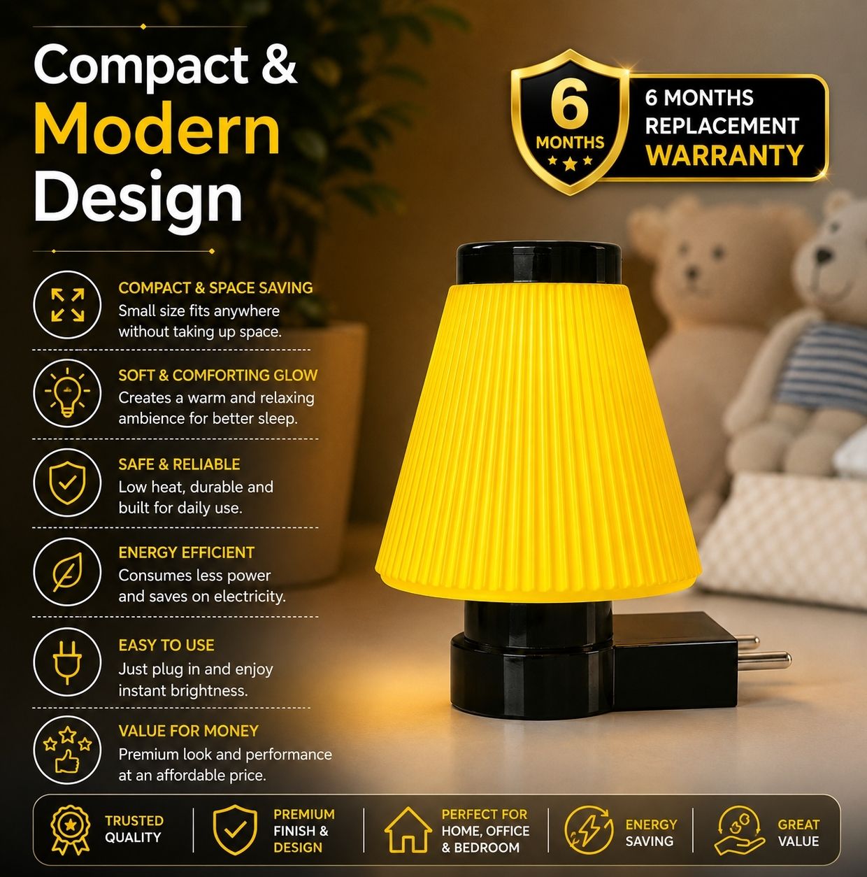 Plug-in LED Night Lamp for Bedroom, Kids Room & Home Decor | Warm Yellow Light Night Lamp-image-35