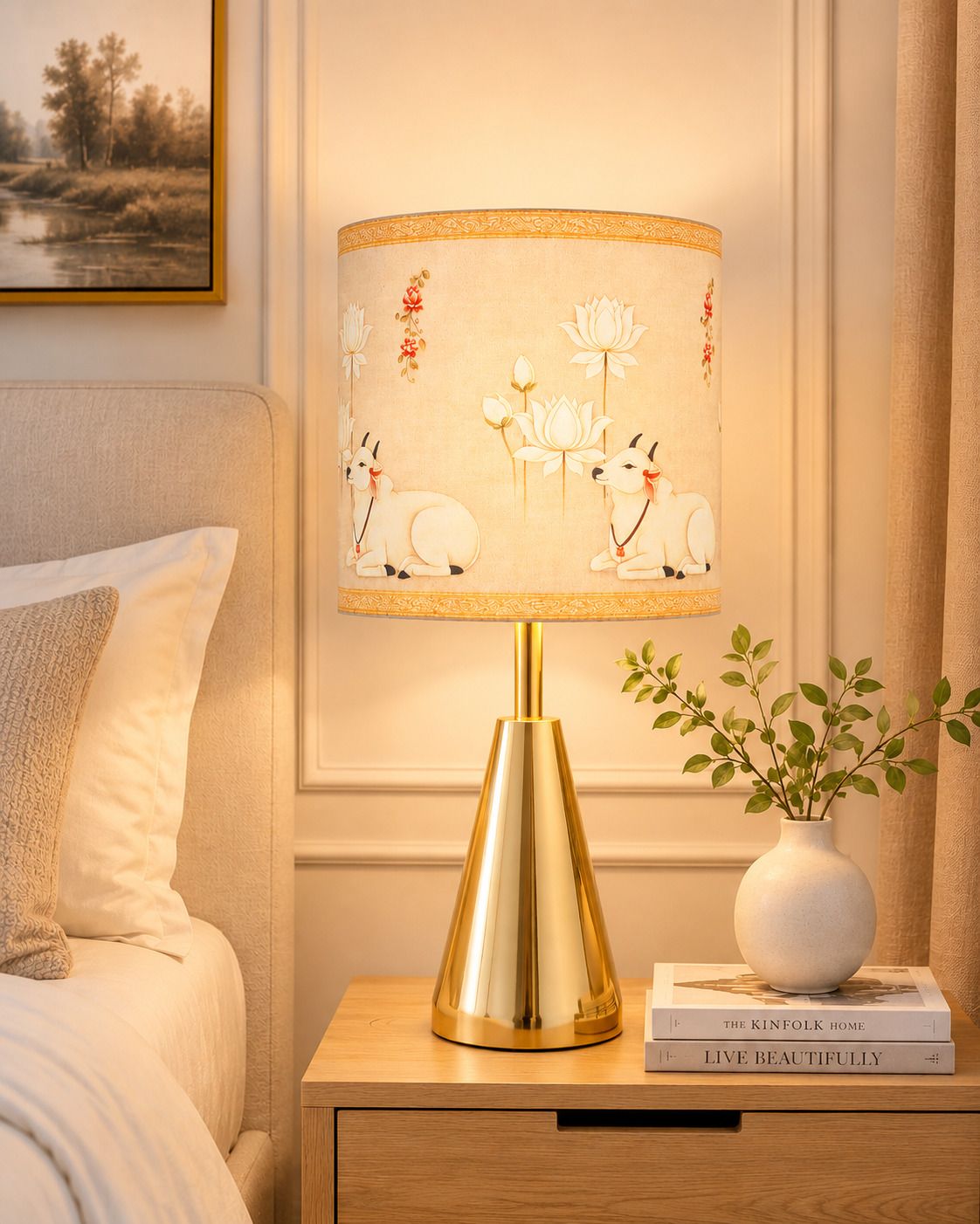 flipkart perfect homes Luxe Gold Cone Table Lamp with Pichwai Art Shade for Bedroom & Living Room Table Lamp-picture-11