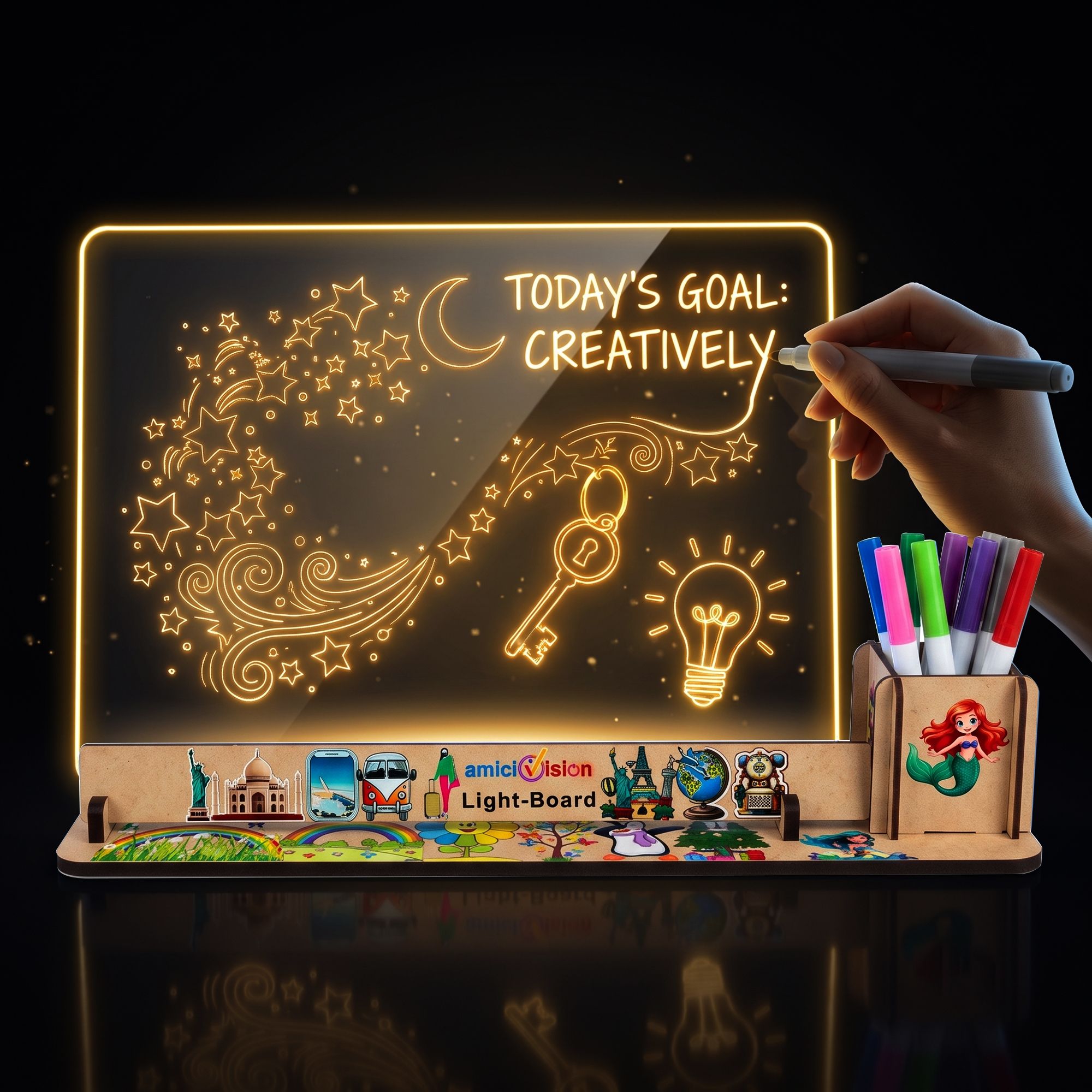 LED Acrylic Writing Message Board with Wooden Base, 23x30cm Study Lamp-image-7