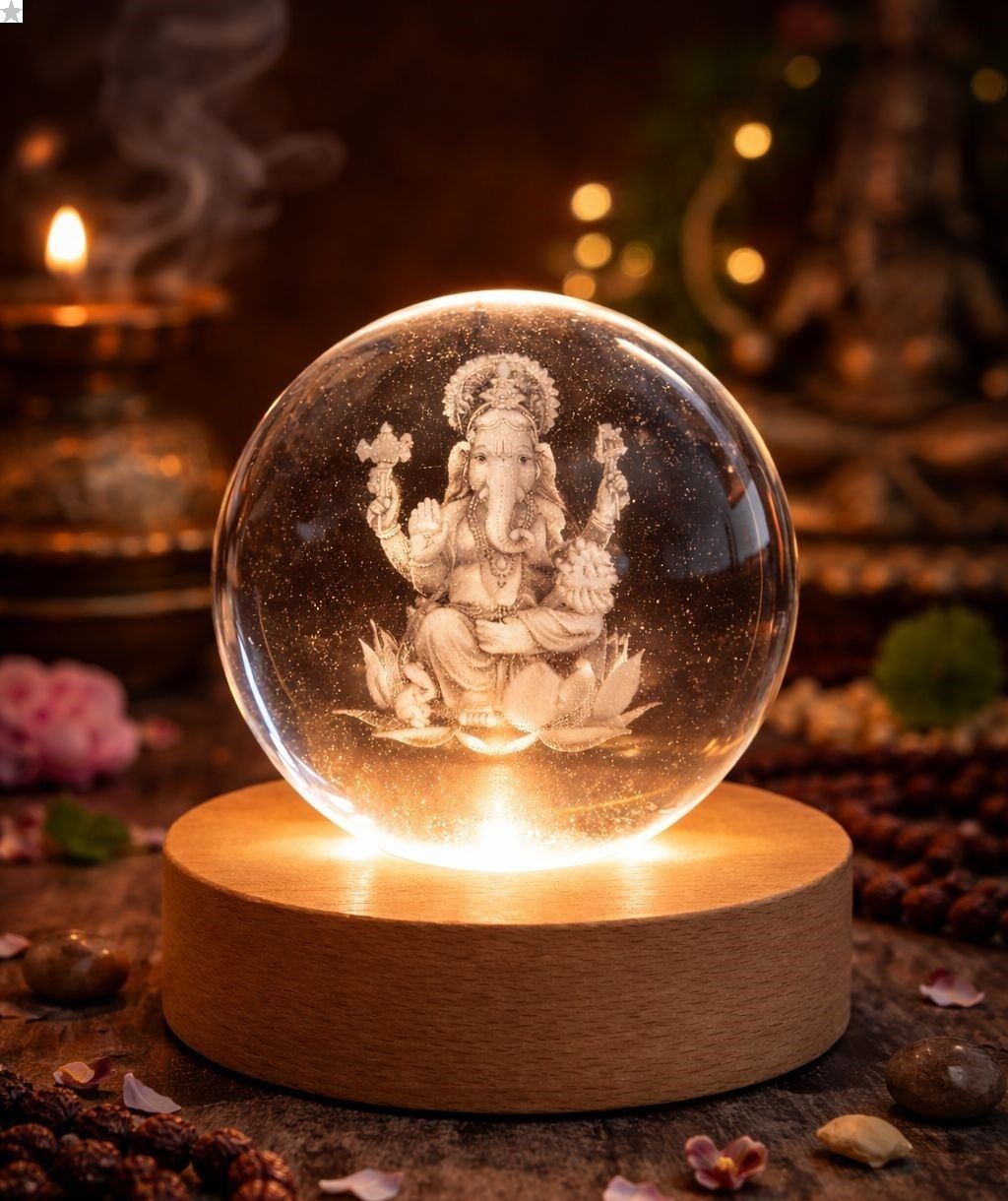3D Lord Ganesh Crystal Ball LED Night Lamp With Wooden Base Design May Vary A6 Night Lamp-image-44