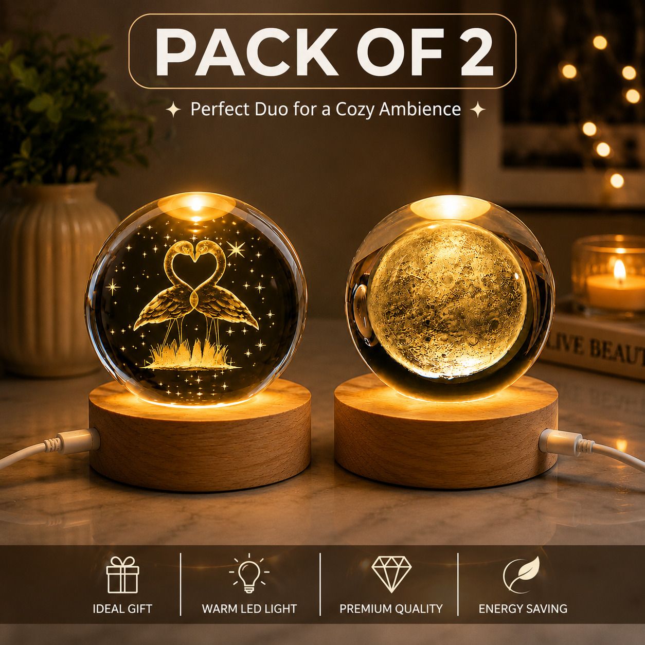 Decorative 3D Crystal Globe Bedside Lamp Combo – Moon & Flamingo Design Night Lamp-image-41