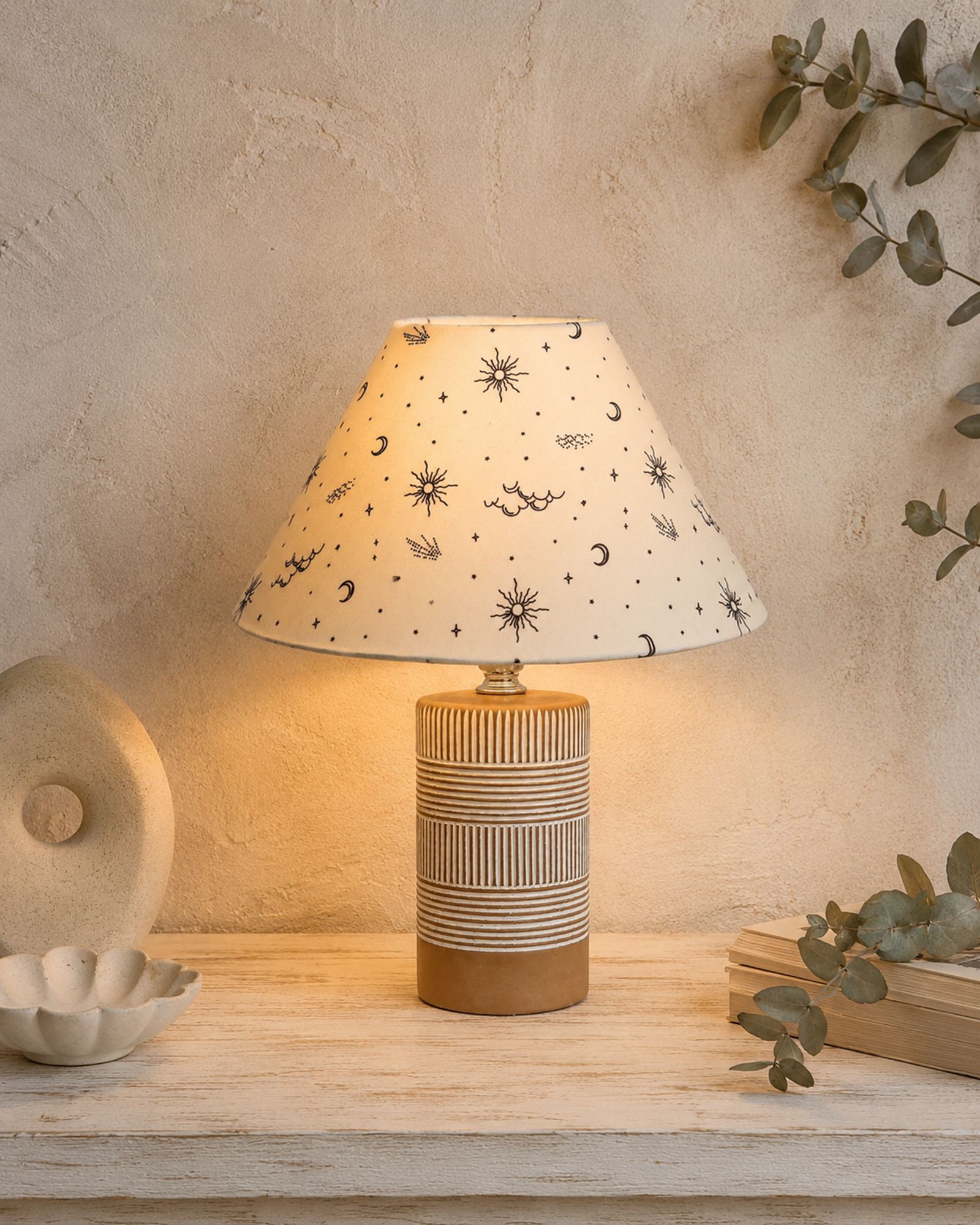 glowhere Grey Ribbed Ceramic Table Lamp with Printed Shade, Bedside Study, Desk E27 Lamp Study Lamp-picture-16