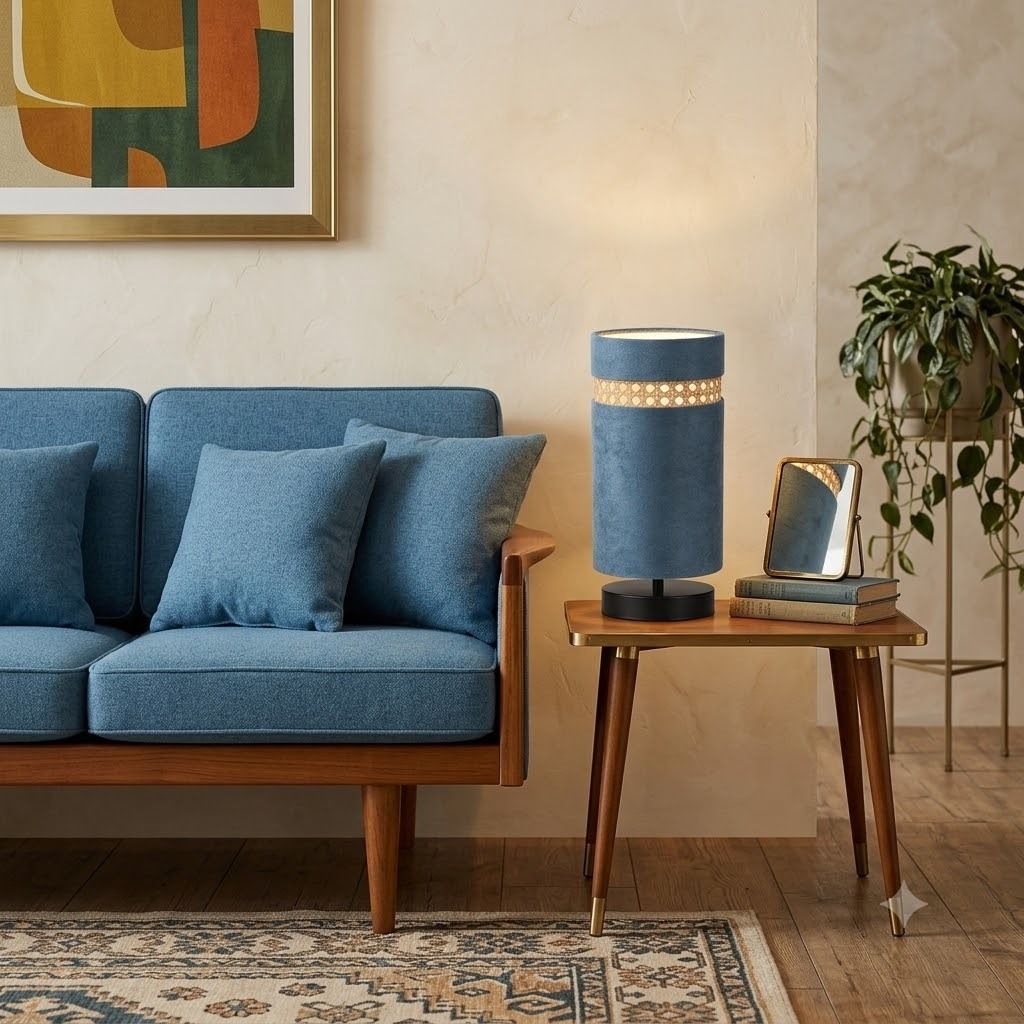 Teal Blue Velvet Table Lamp with Rattan Cane Accent Band Table Lamp-image-48