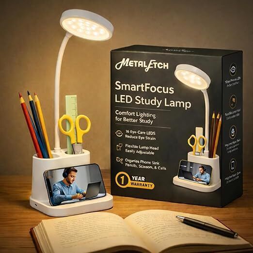 LED Desk Lamp with Pen Holder and Phone Stand, Eye-Caring Table Lamp Night Lamp-image-5