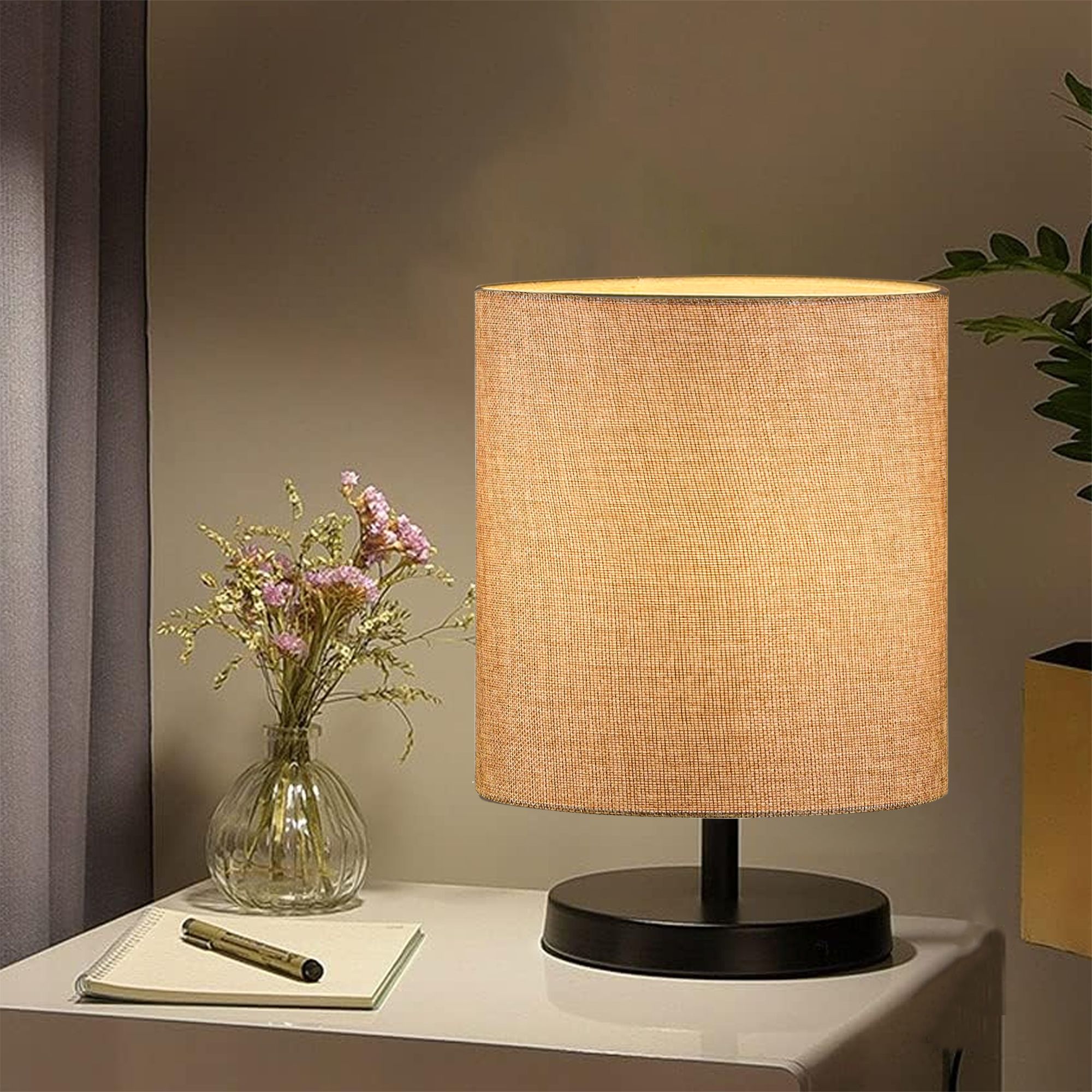 Bedside Table Lamp LED Modern Nightstand Desk Lamp with Fabric Shade Jute Table Lamp-image-2