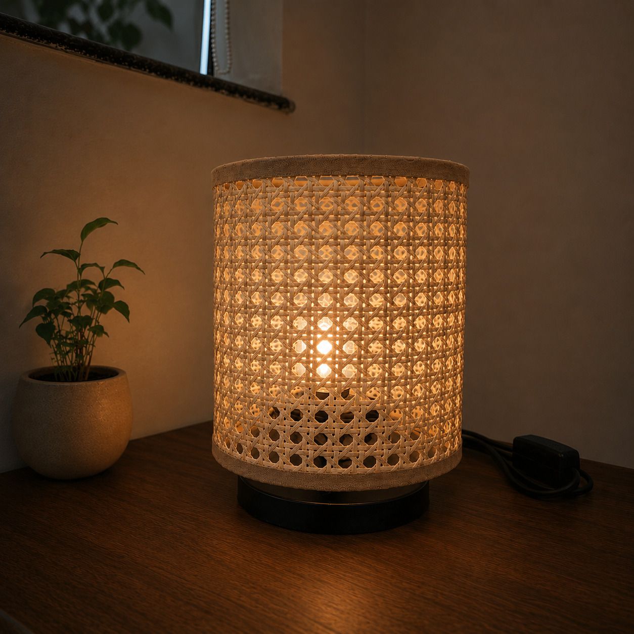 INNORE Rattan Woven Table Lamp with Black Base, Boho Style Table Lamp-image-23