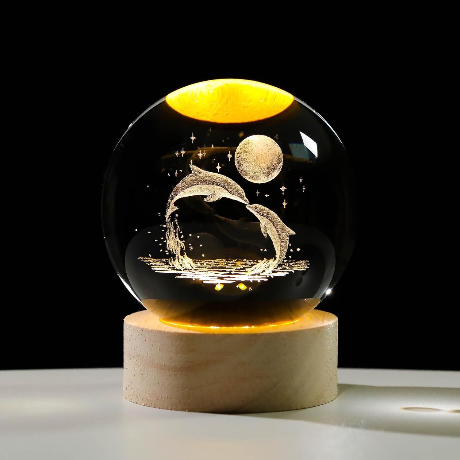 dizaa 3D Dolphin with Moon Crystal Ball Night Light,Ball Night Lamp with Woodern Base Table Lamp-picture-27