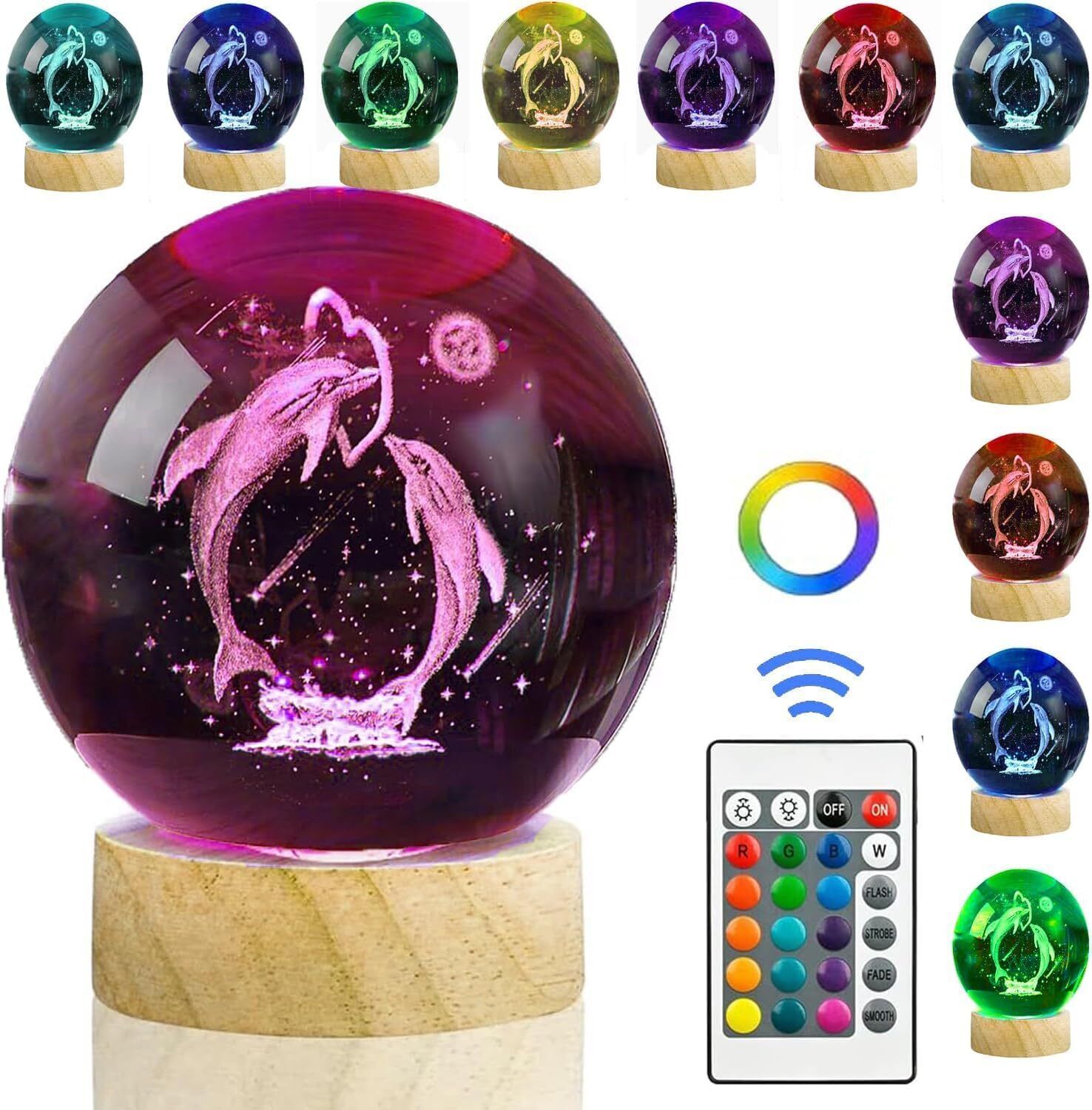 16 Colors 3D Crystal Ball Lamp Dolphin Lamps with Woodern Base Remote Control Night Lamp-image-37