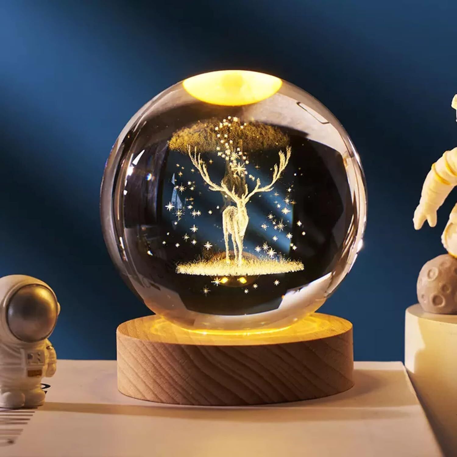 Deer 3D Crystal Ball LED Night Light with Wooden Base for Bedroom Decor Table Lamp